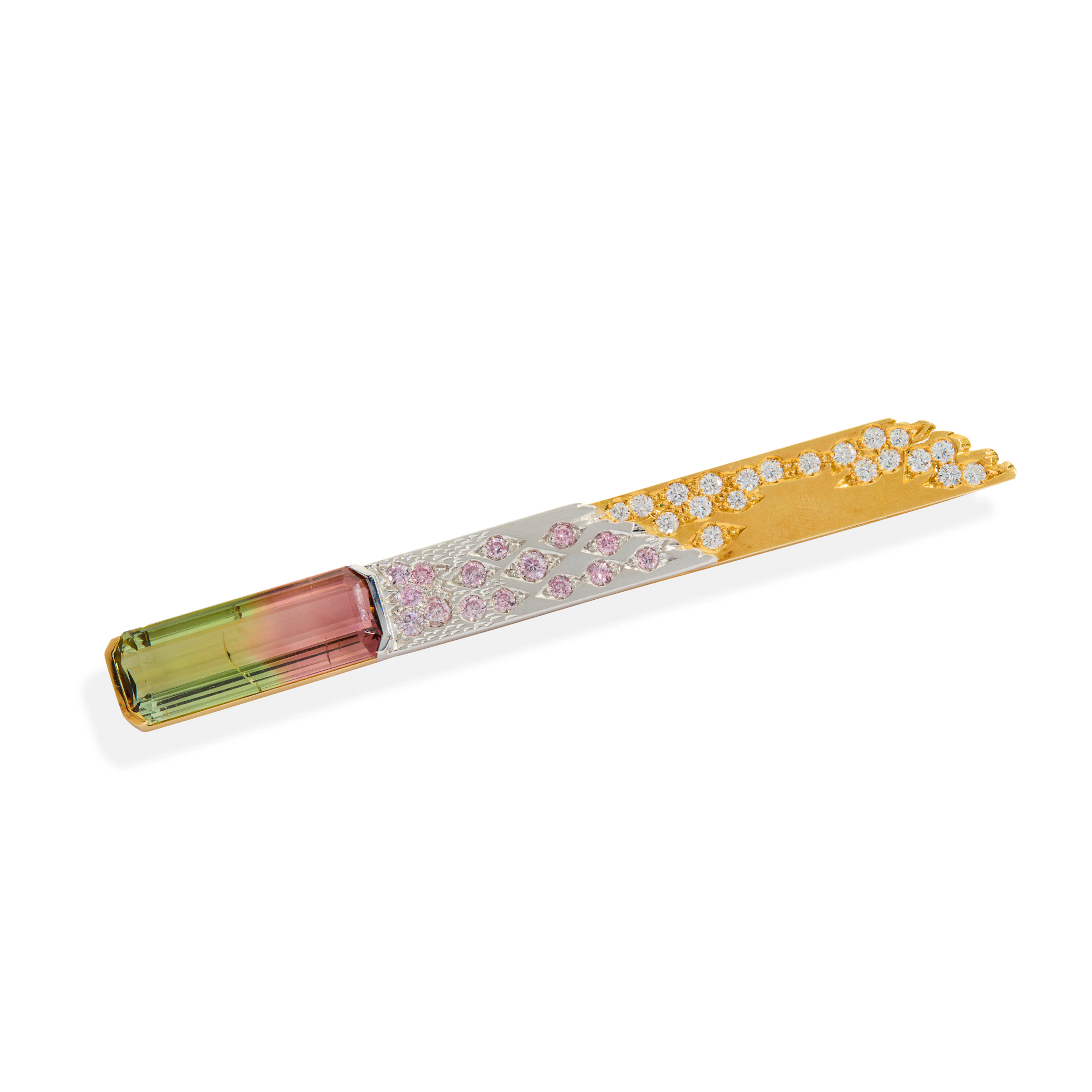 Peter Plöderl: A watermelon tourmaline, pink and colourless diamond brooch