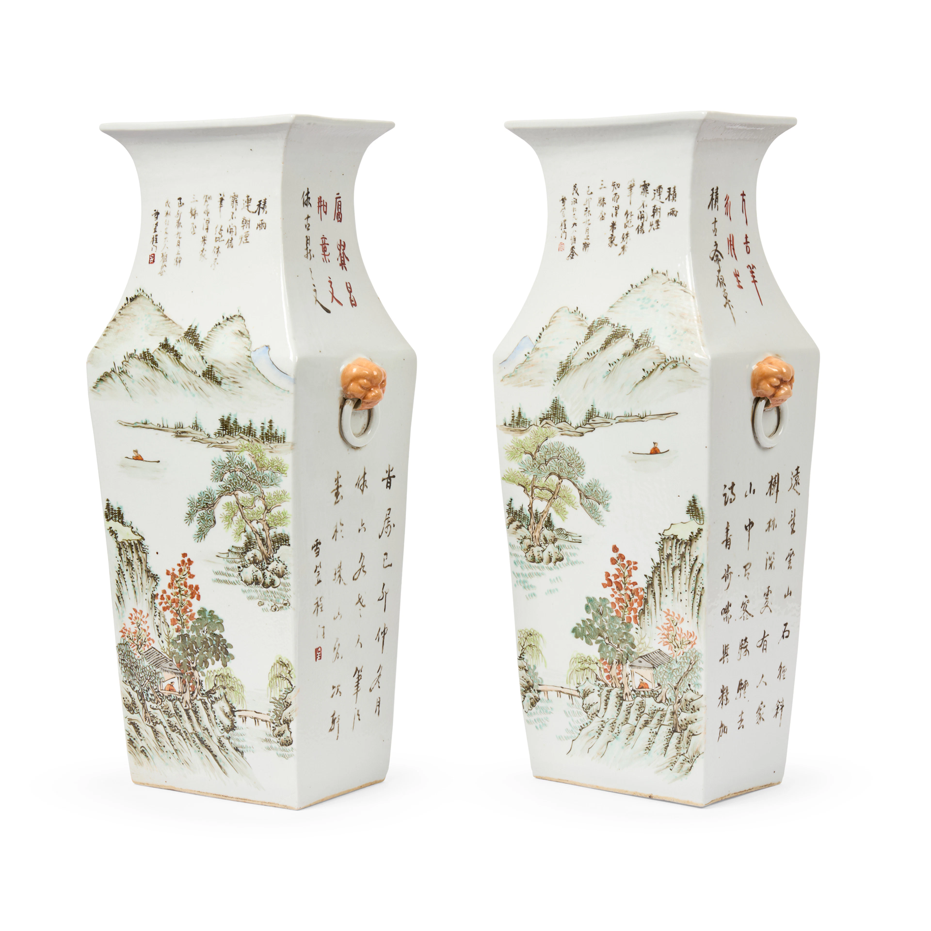 PAIR OF CHINESE FAMILLE ROSE 'LANDSCAPE' SQUARE VASES