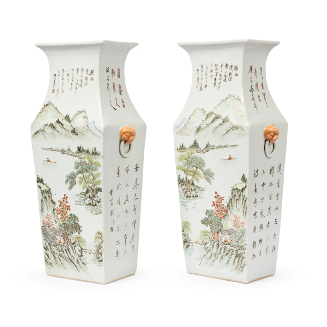 PAIR OF CHINESE FAMILLE ROSE 'LANDSCAPE' SQUARE VASES
