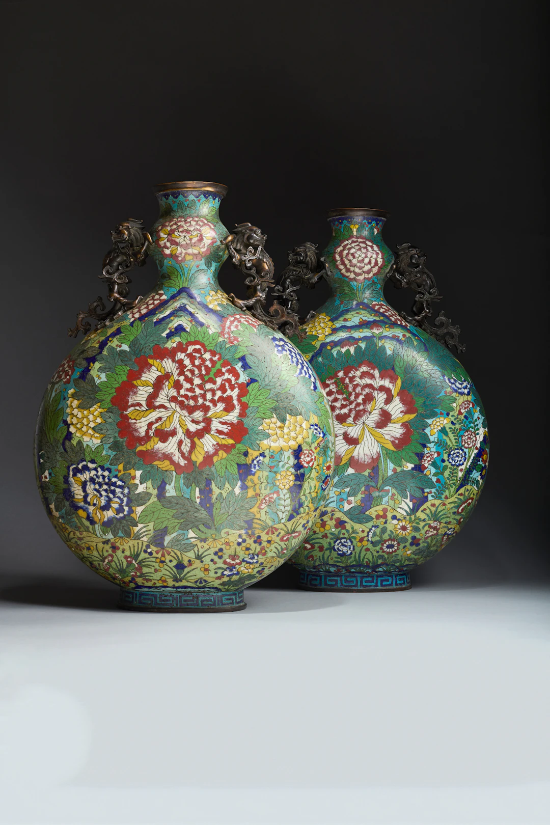 PAIR OF LARGE CHINESE CLOISONNÉ ENAMEL 'PEONY' MOONFLASKS