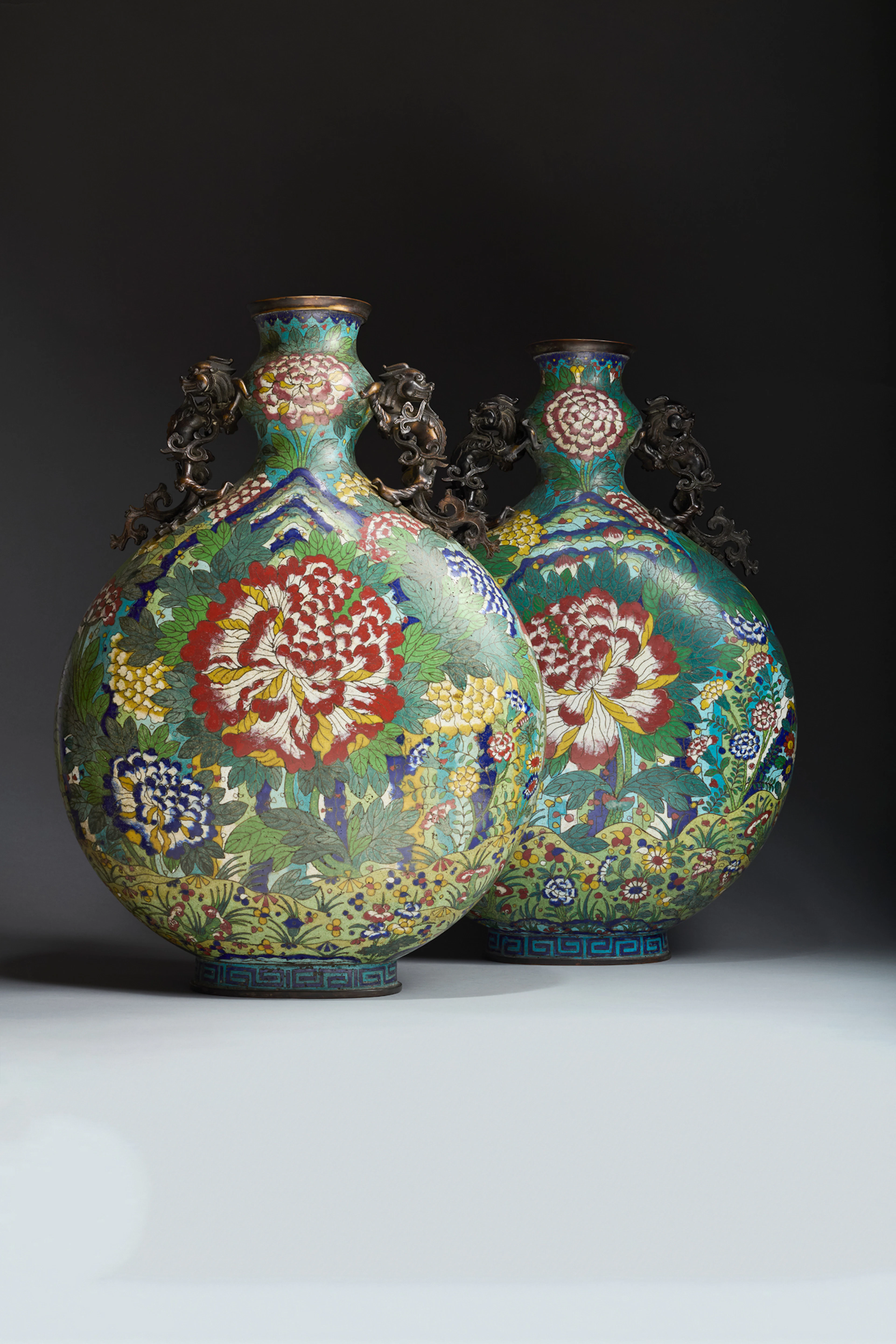 PAIR OF LARGE CHINESE CLOISONNÉ ENAMEL 'PEONY' MOONFLASKS