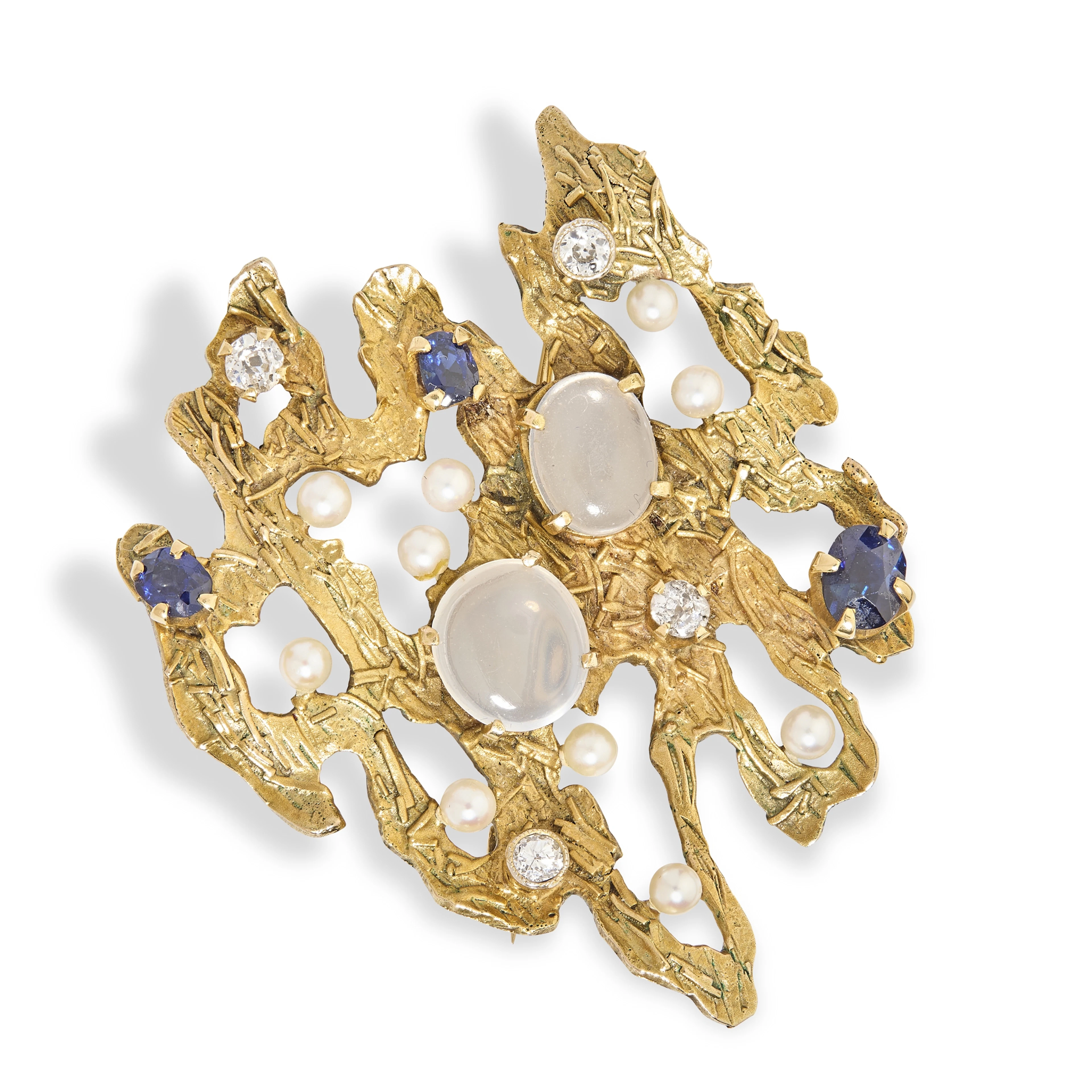 A 9ct gold modernist moonstone, diamond, sapphire and pearl brooch