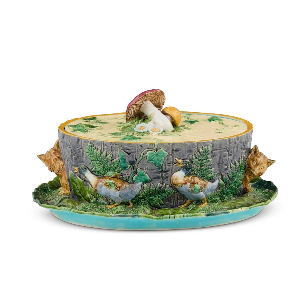 RARE MINTON MAJOLICA GAME PIE DISH WITH FIXED STAND AND COVER