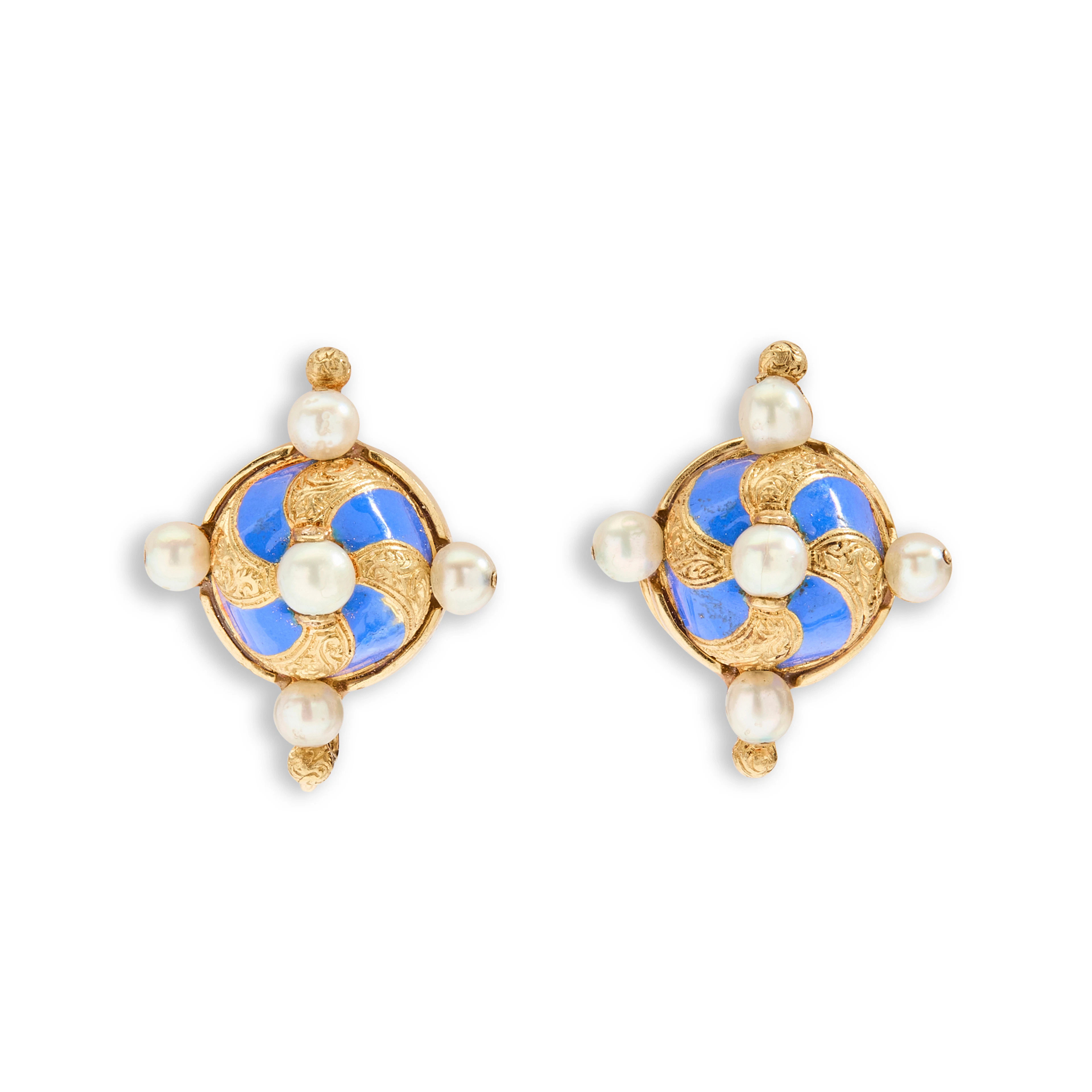 A pair of mid 19th century blue enamel and seed pearl drop earrings