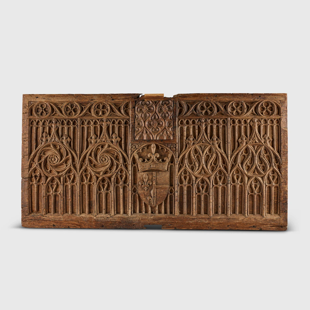 FRENCH MEDIEVAL CARVED OAK PANEL, BEARING THE ARMS OF CHARLOTTE OF