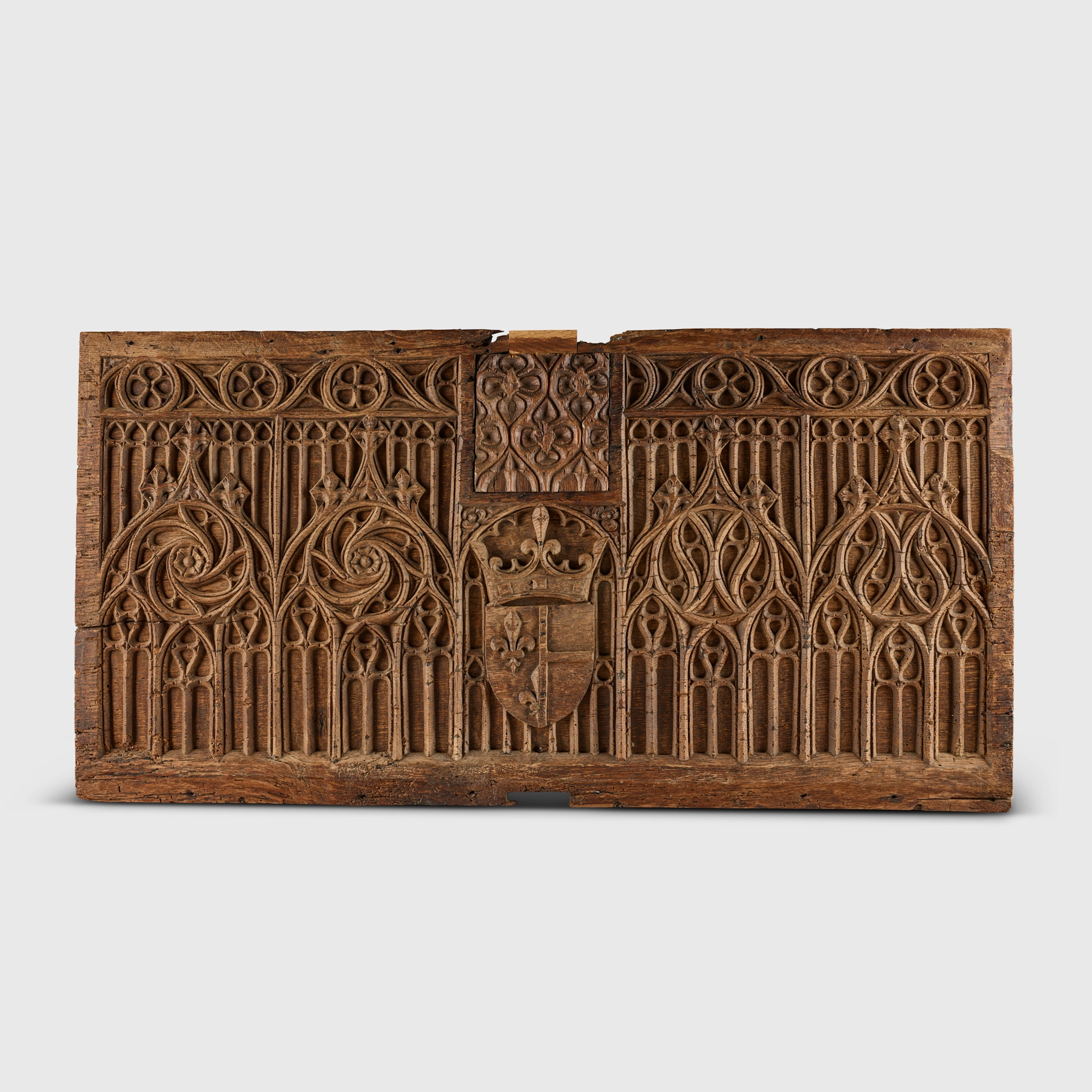 FRENCH MEDIEVAL CARVED OAK PANEL, BEARING THE ARMS OF CHARLOTTE OF