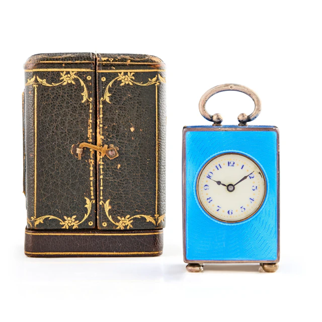 FINE SWISS SILVER AND BLUE ENAMEL MINIATURE CARRIAGE CLOCK, RETAILED
