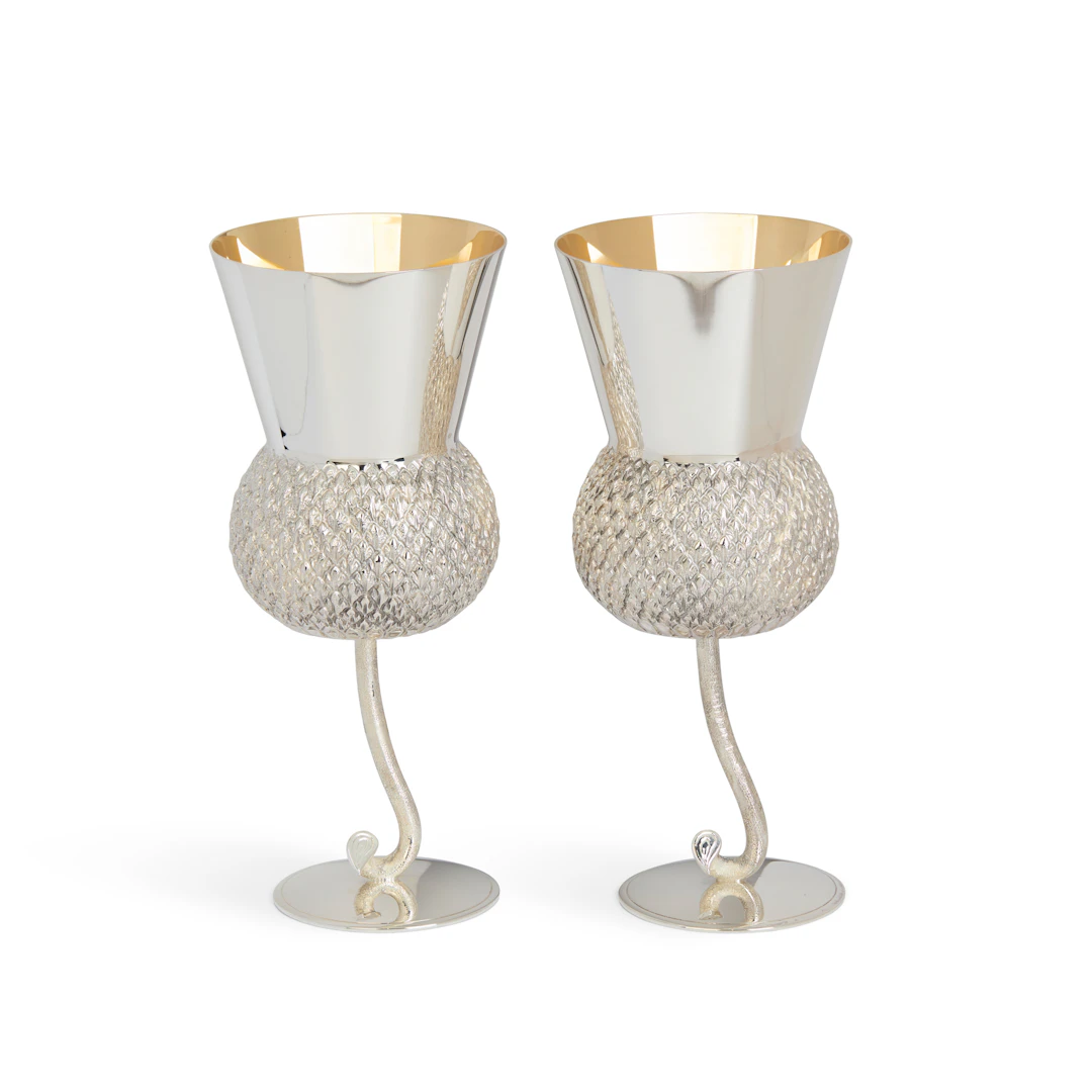 MATCHED PAIR OF CONTEMPORARY SILVER STEMMED THISTLE GOBLETS