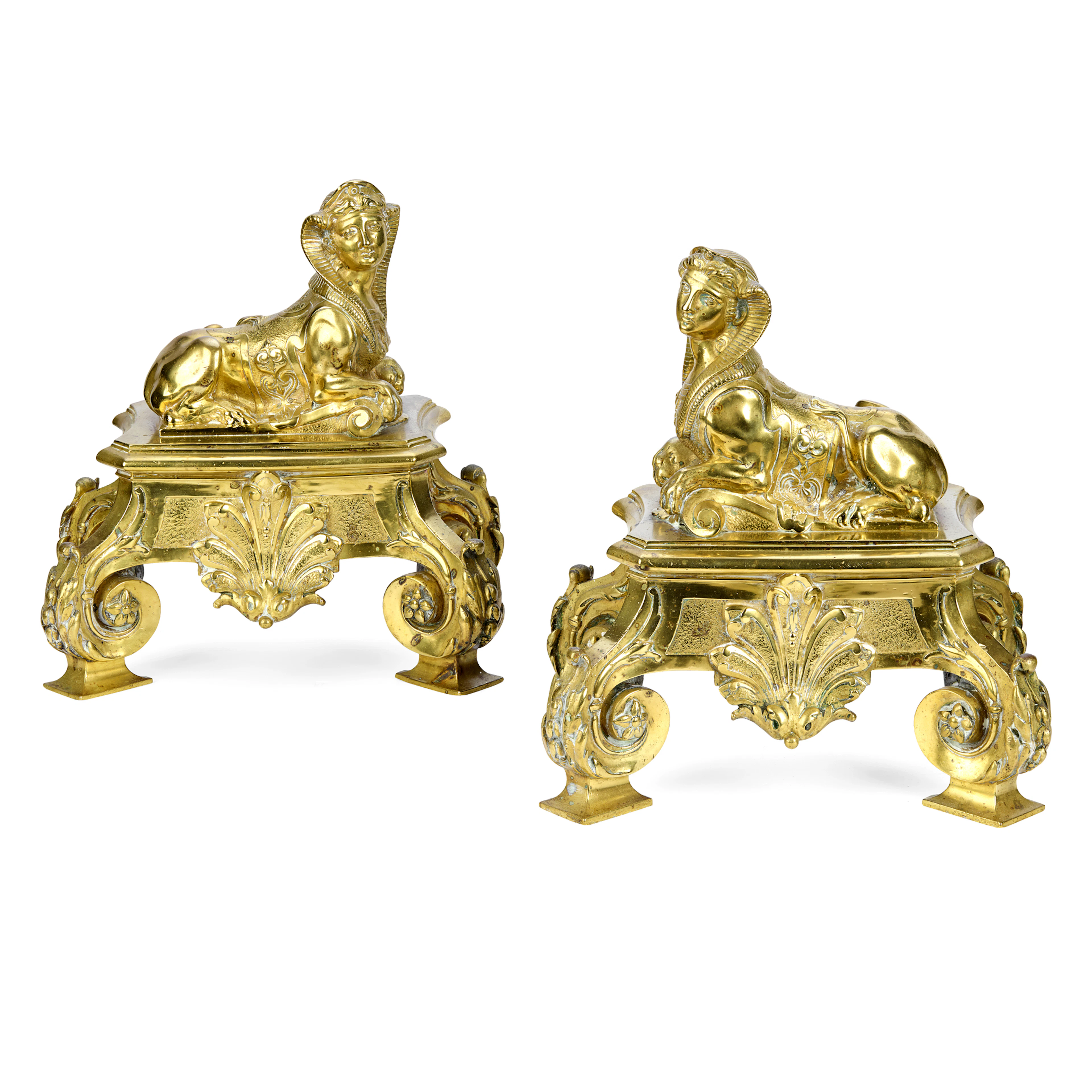 PAIR OF FRENCH RÉGENCE STYLE GILT BRONZE CHENETS