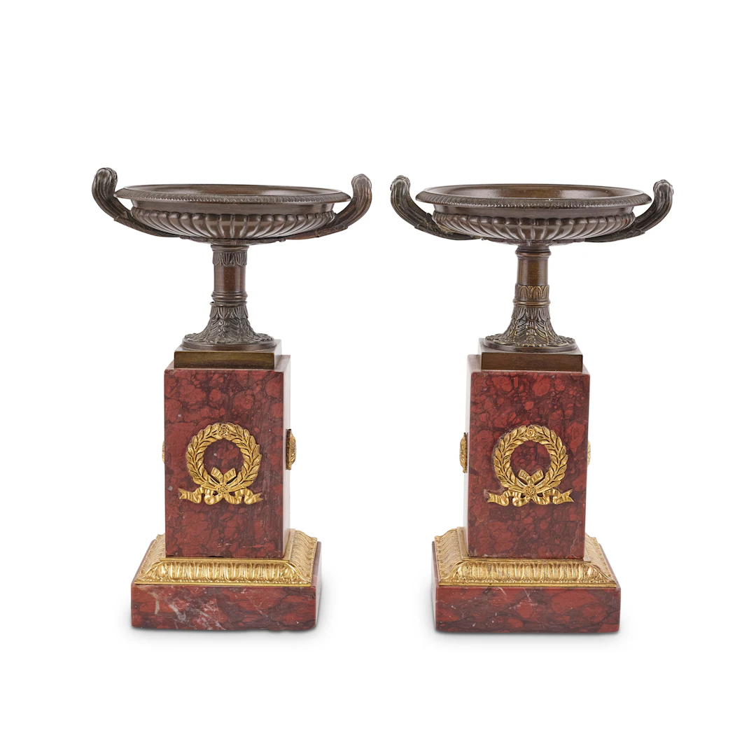 PAIR OF FRENCH EMPIRE PATINATED AND GILT BRONZE AND MARBLE TAZZA