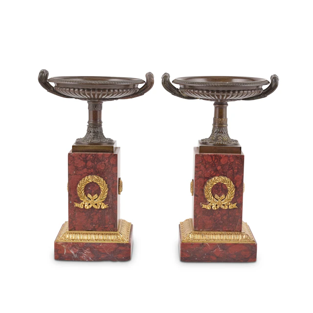 PAIR OF FRENCH EMPIRE PATINATED AND GILT BRONZE AND MARBLE TAZZA