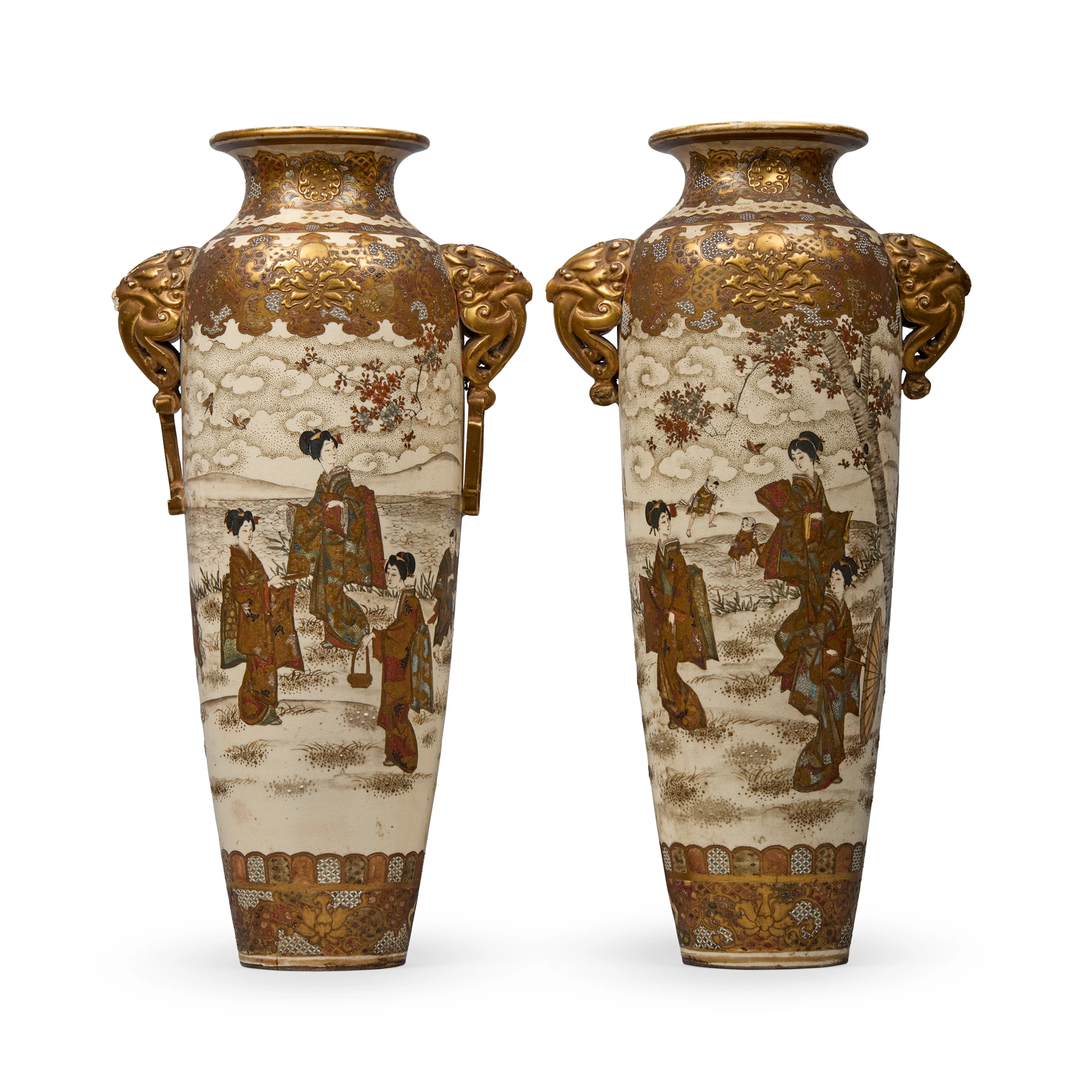 LARGE PAIR OF JAPANESE SATSUMA VASES