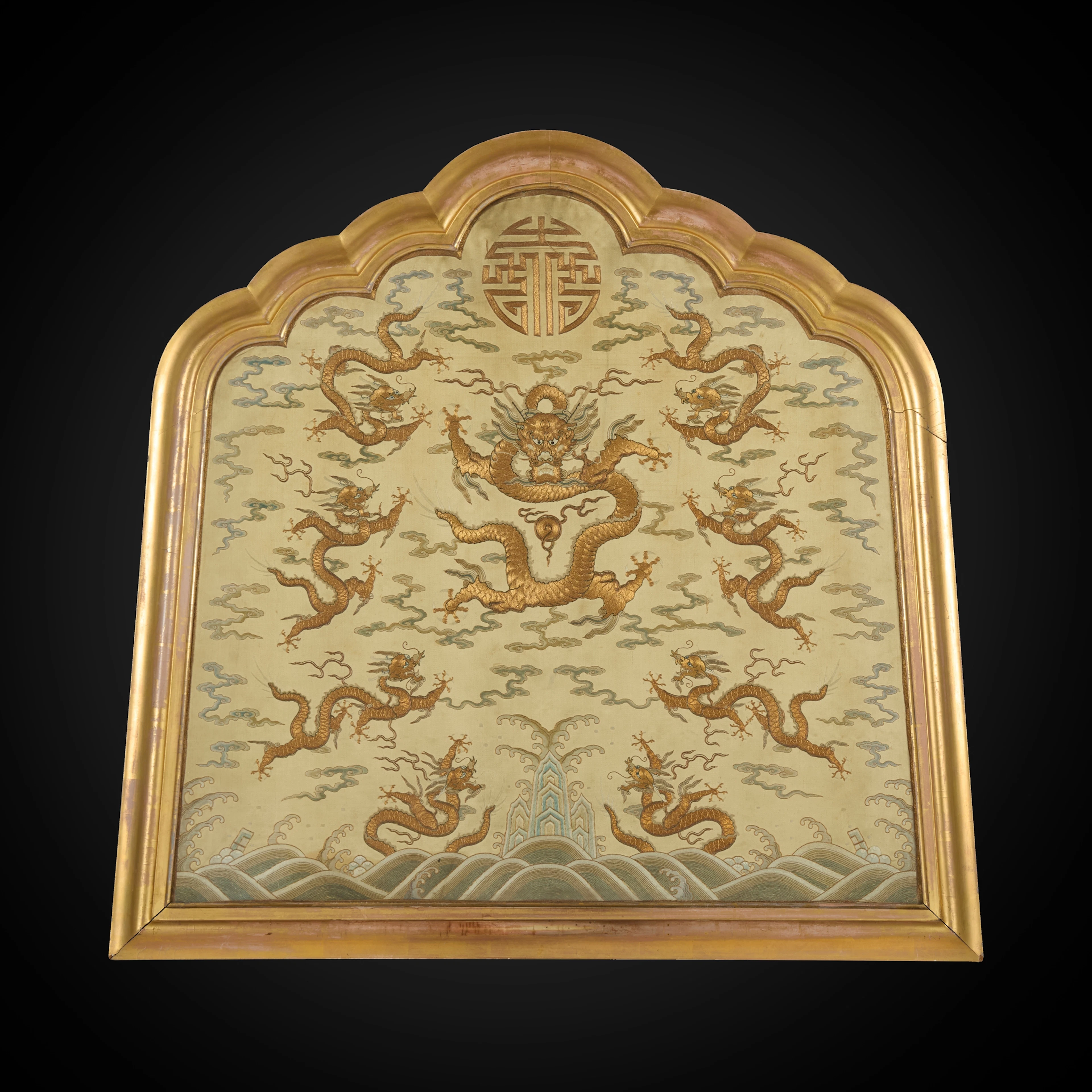 CHINESE IMPERIAL YELLOW-GROUND SILK EMBROIDERED 'NINE DRAGONS' PANEL