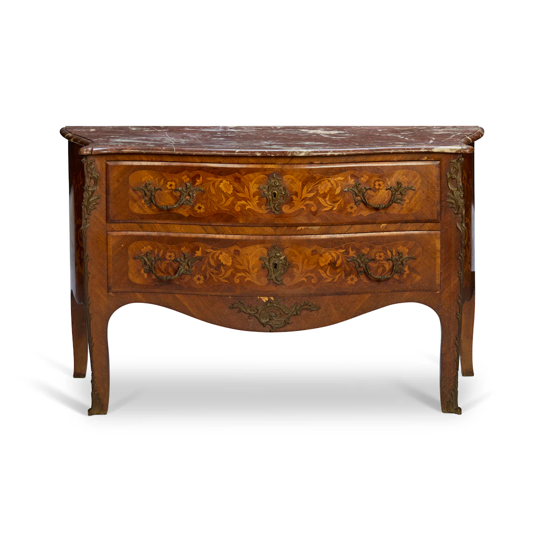 LOUIS XV STYLE KINGWOOD AND MARQUETRY MARBLE TOPPED COMMODE