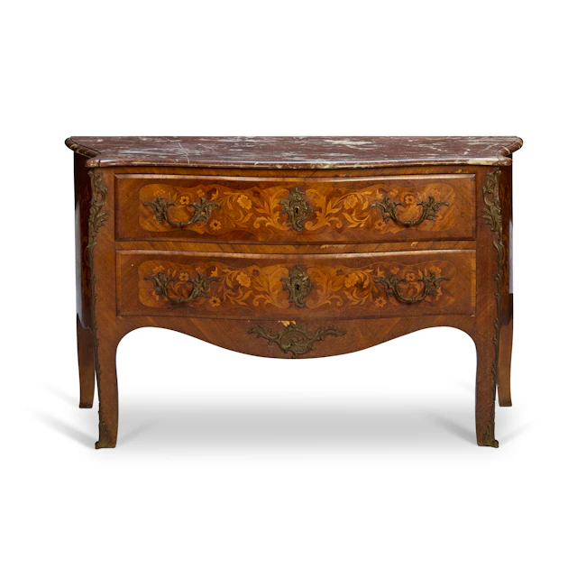LOUIS XV STYLE KINGWOOD AND MARQUETRY MARBLE TOPPED COMMODE