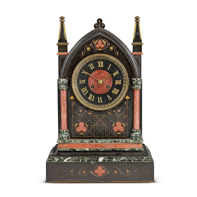 VICTORIAN GOTHIC REVIVAL SLATE AND MARBLE MANTEL CLOCK