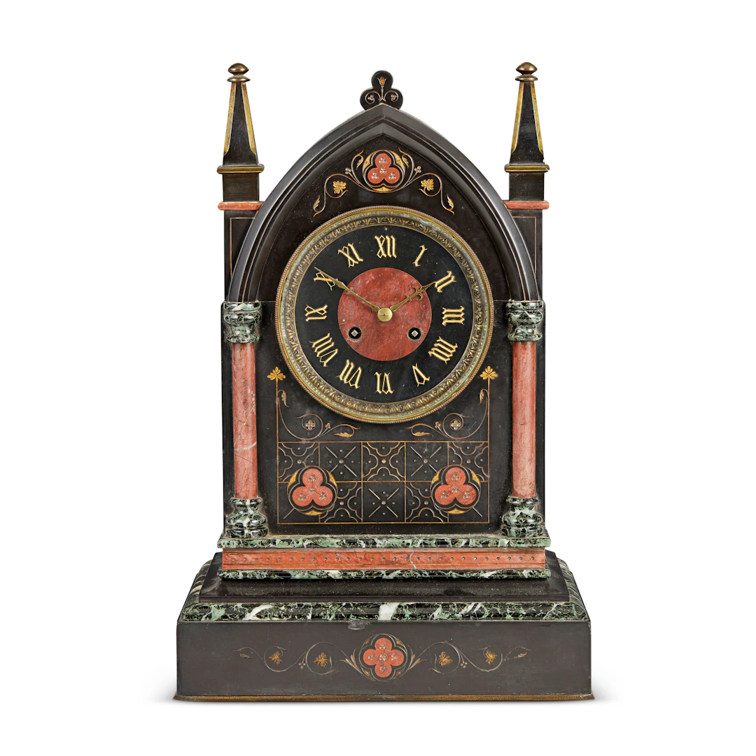 VICTORIAN GOTHIC REVIVAL SLATE AND MARBLE MANTEL CLOCK