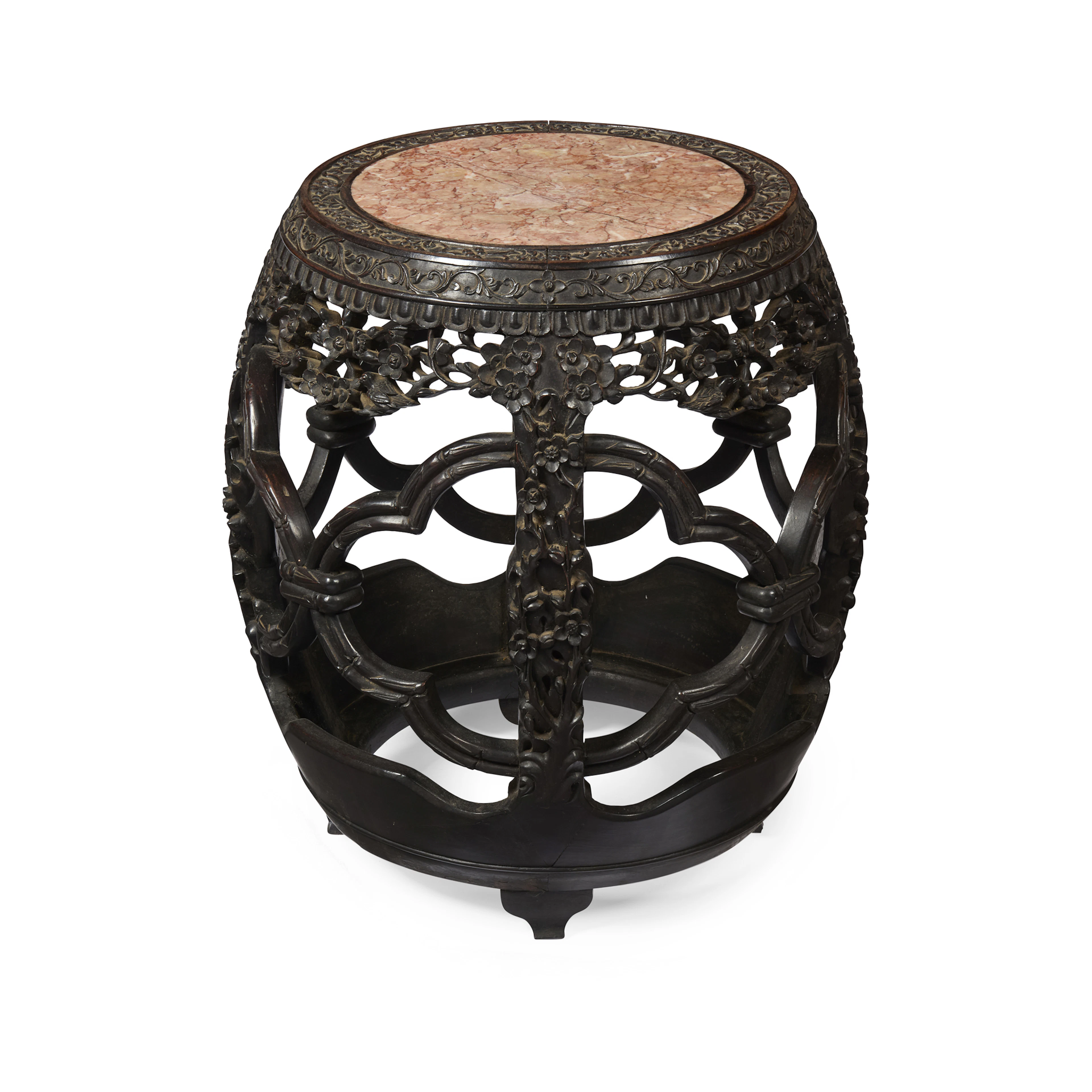 CHINESE HARDWOOD AND MARBLE INSET DRUM STOOL