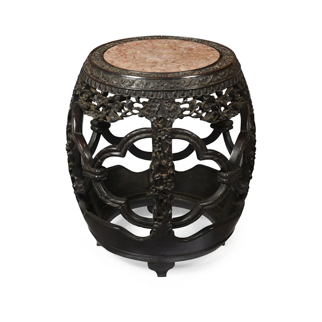 CHINESE HARDWOOD AND MARBLE INSET DRUM STOOL