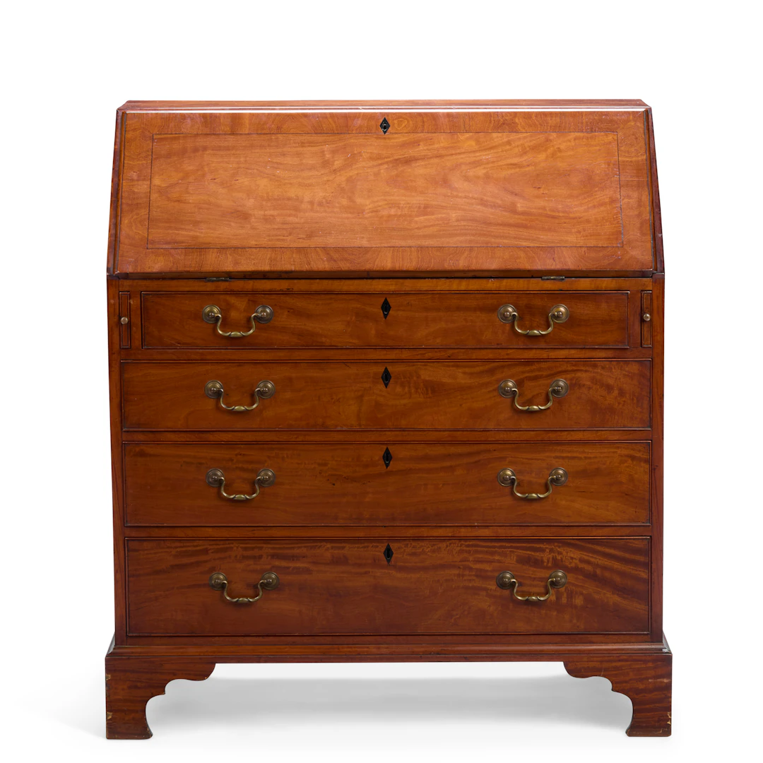 GEORGE III MAHOGANY, SATINWOOD, EBONISED AND INLAID BUREAU
