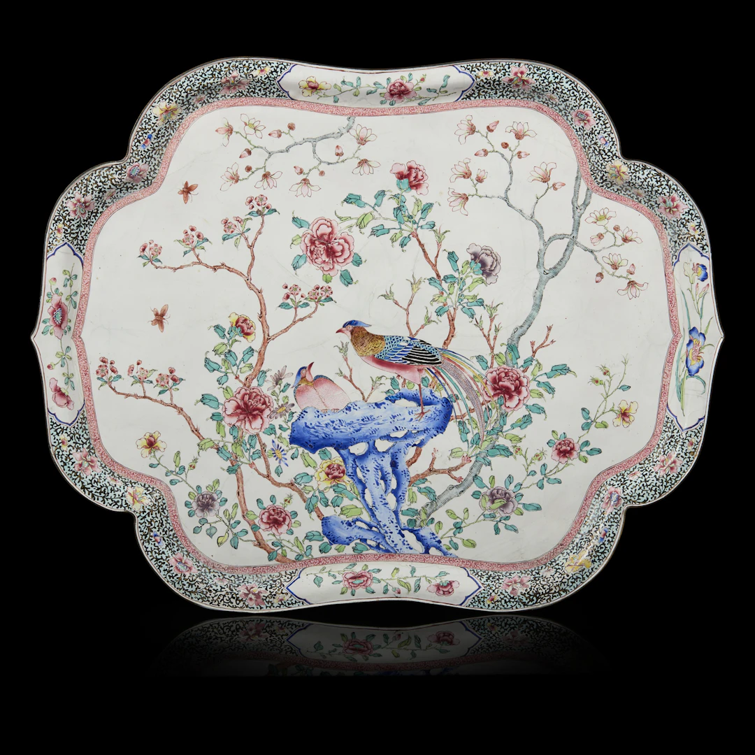 MASSIVE CANTON PAINTED ENAMEL 'DOUBLE PHEASANTS' FOLIATE TRAY
