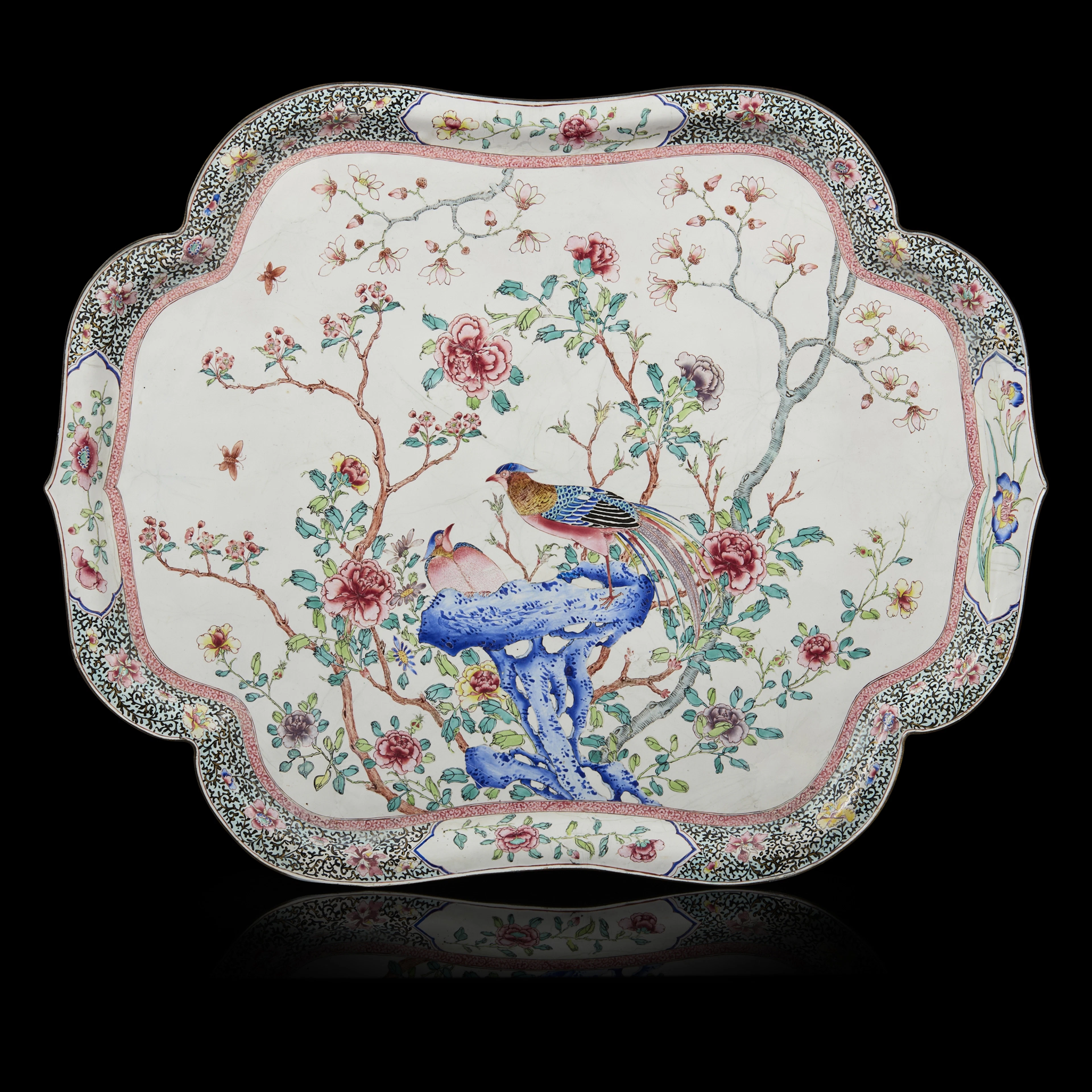 MASSIVE CANTON PAINTED ENAMEL 'DOUBLE PHEASANTS' FOLIATE TRAY