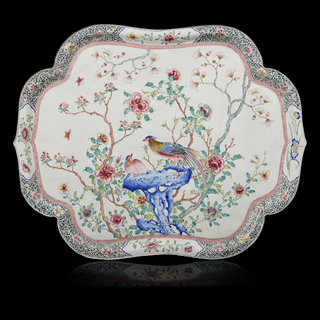 MASSIVE CANTON PAINTED ENAMEL 'DOUBLE PHEASANTS' FOLIATE TRAY