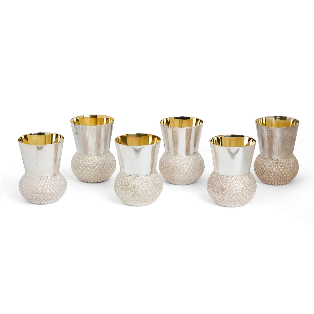 MATCHED SET OF SIX CONTEMPORARY SILVER THISTLE GOBLETS