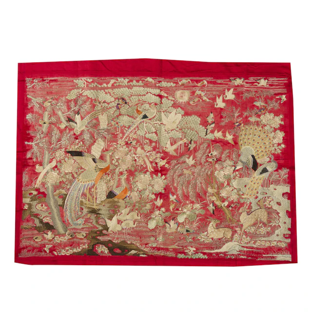 CANTON RED-GROUND SILK EMBROIDERED 'ONE HUNDRED BIRDS' PANEL