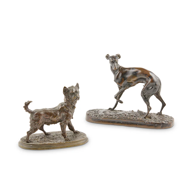 TWO FRENCH BRONZE ANIMALIER FIGURES OF DOGS, AFTER PIERRE-JULES MENE