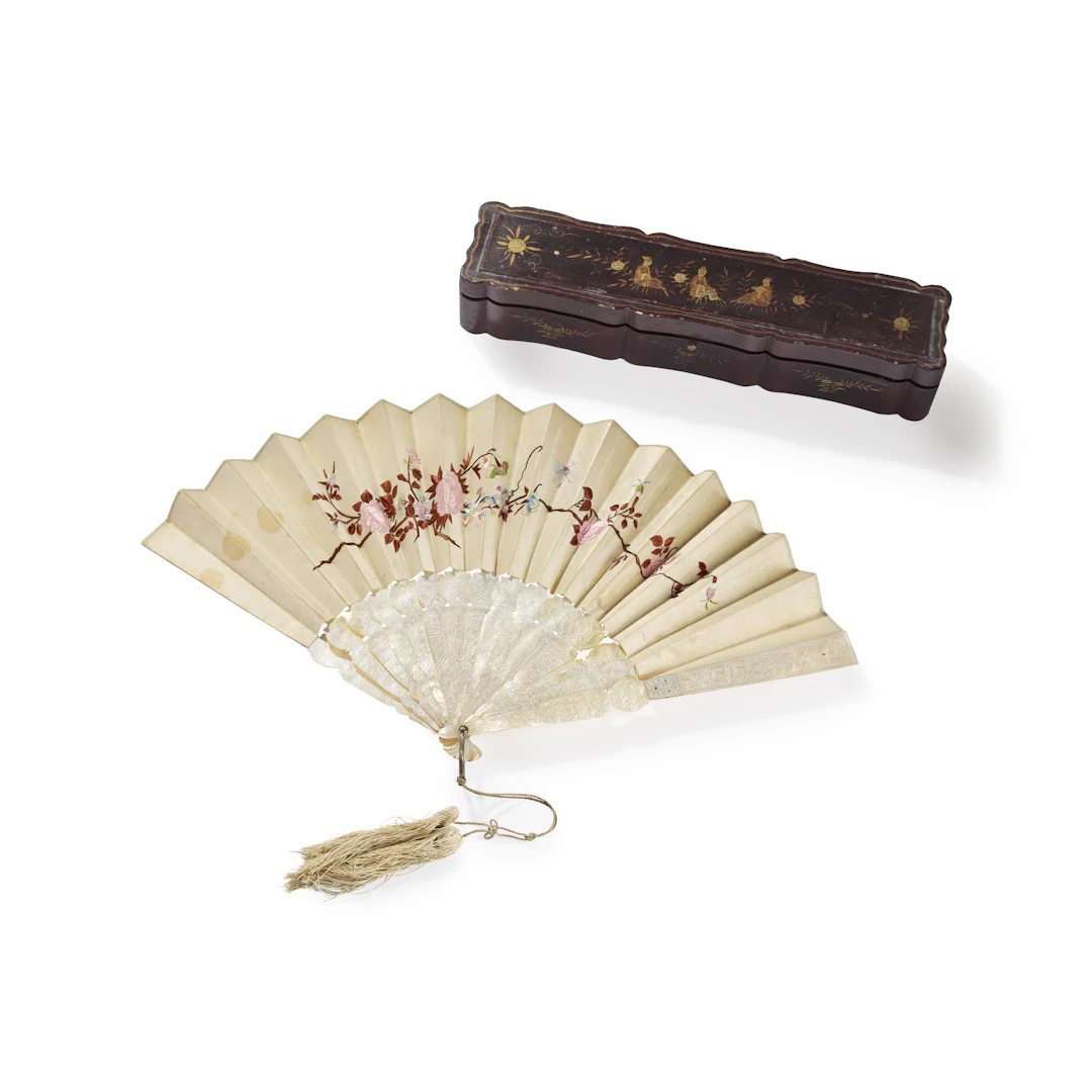 CHINESE MOTHER-OF-PEARL AND SILK EMBROIDERED FAN