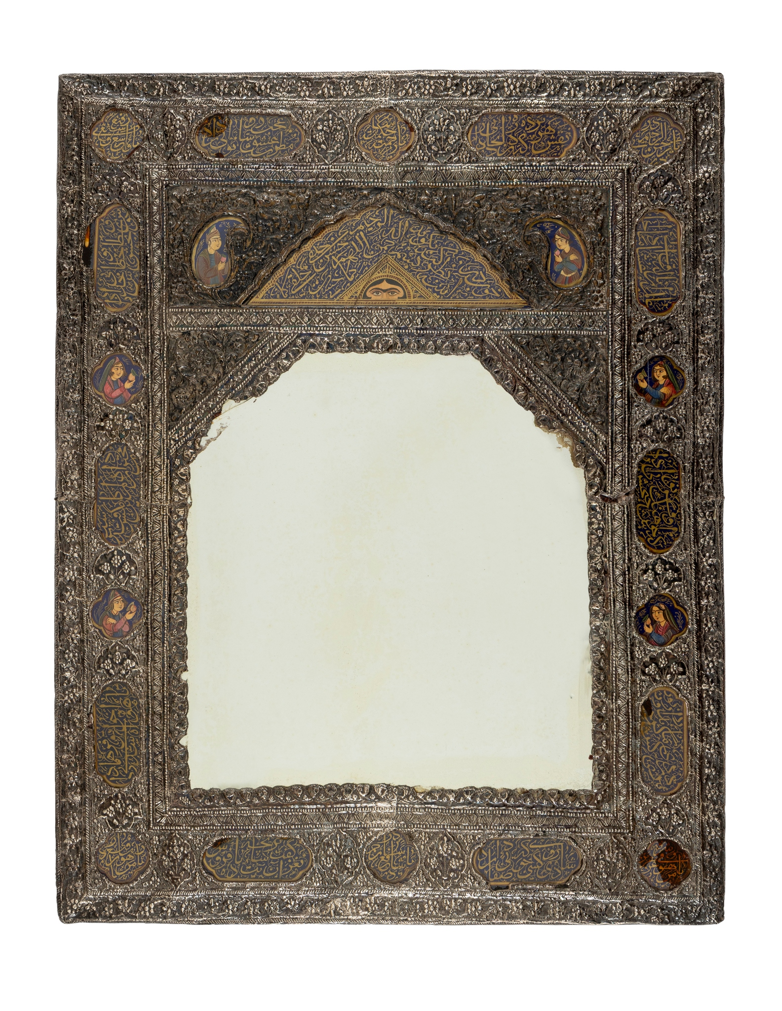 A QAJAR ENAMELLED SILVER REPOUSSÉ MIRROR