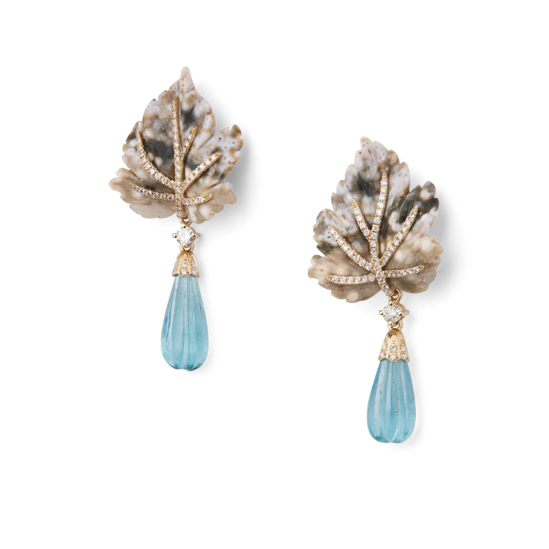 A pair of carved jasper, aquamarine and diamond leaf earrings