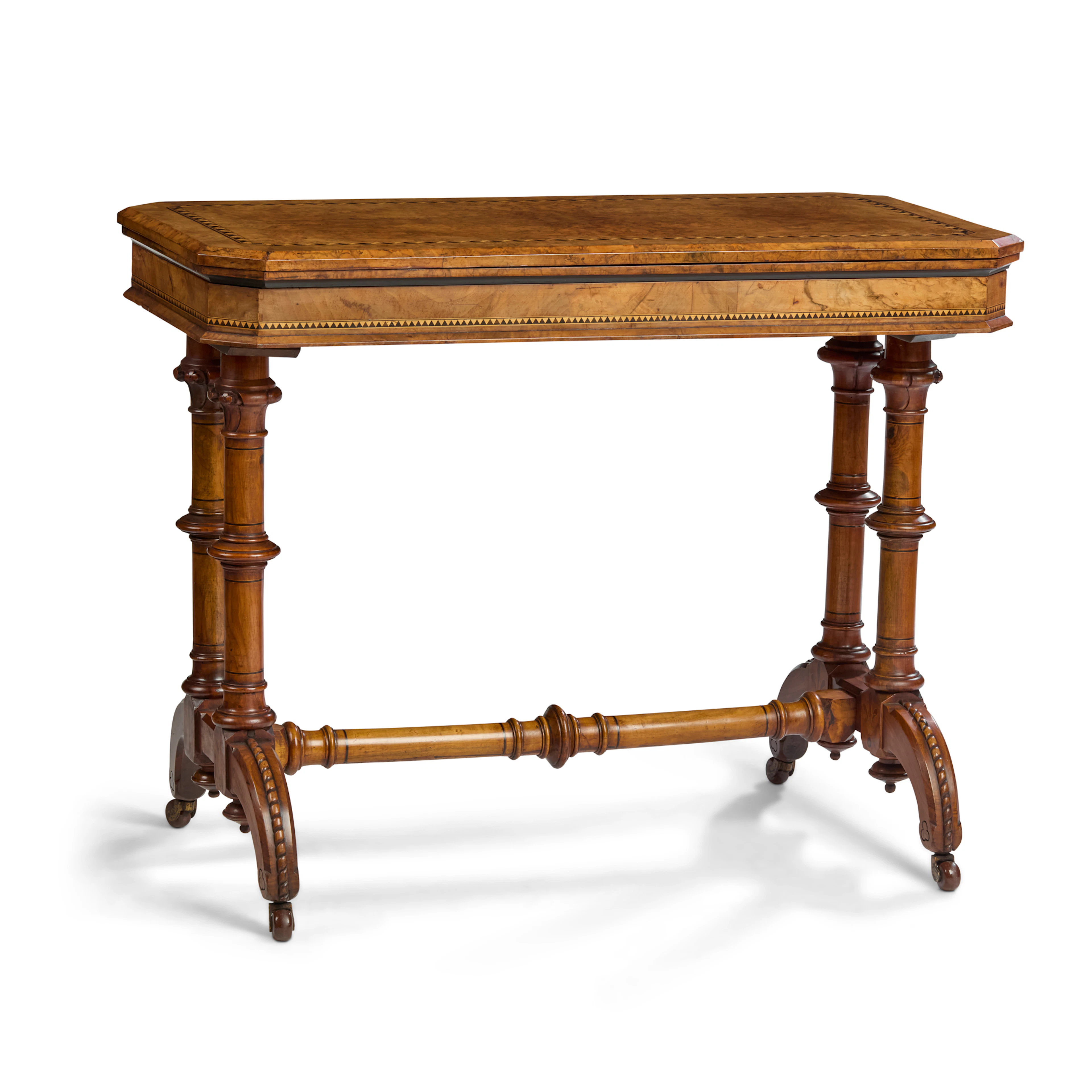 VICTORIAN WALNUT, BOXWOOD AND EBONY INLAID CARD TABLE, IN THE MANNER
