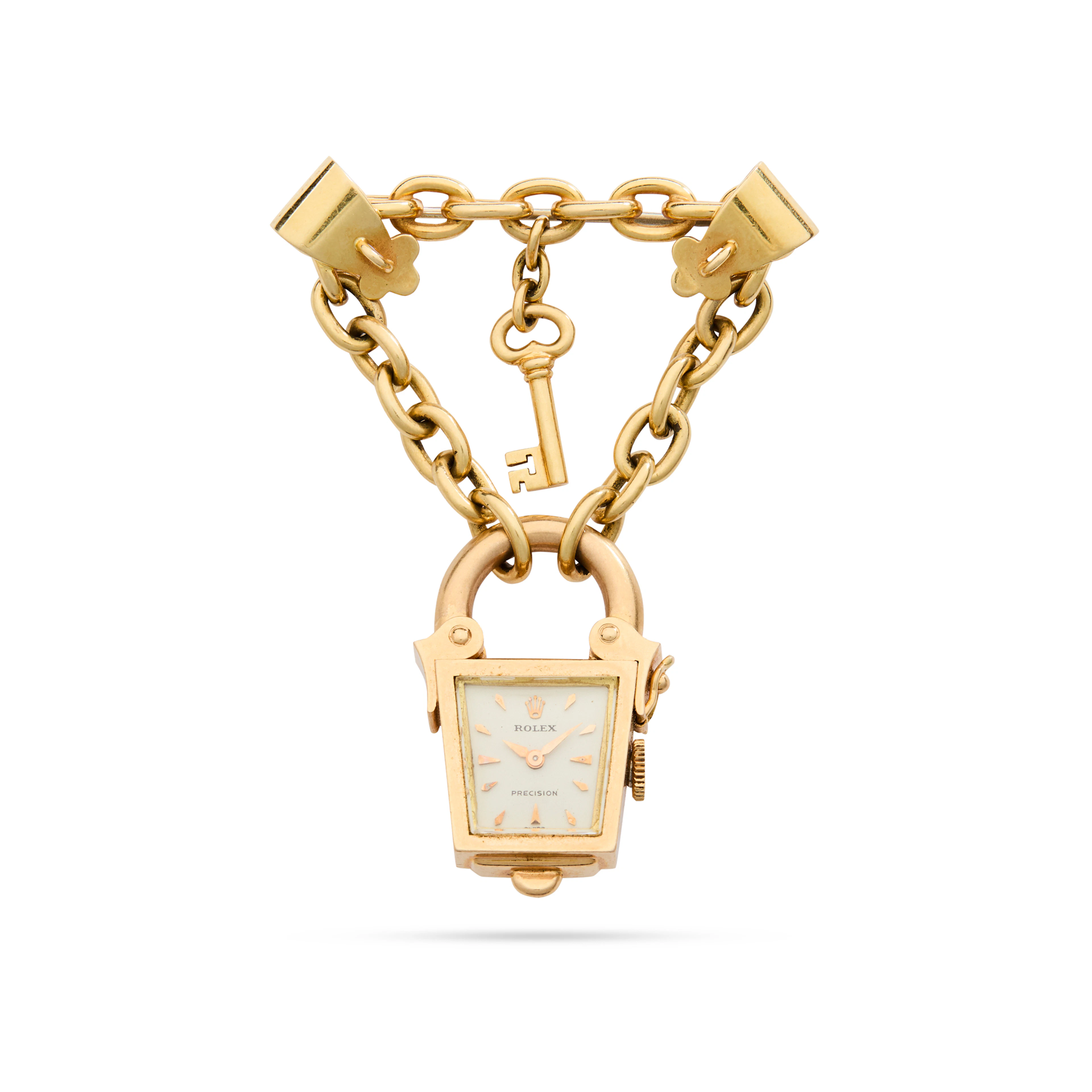 Rolex. A very rare 18k gold mechanical padlock-form watch on a broach