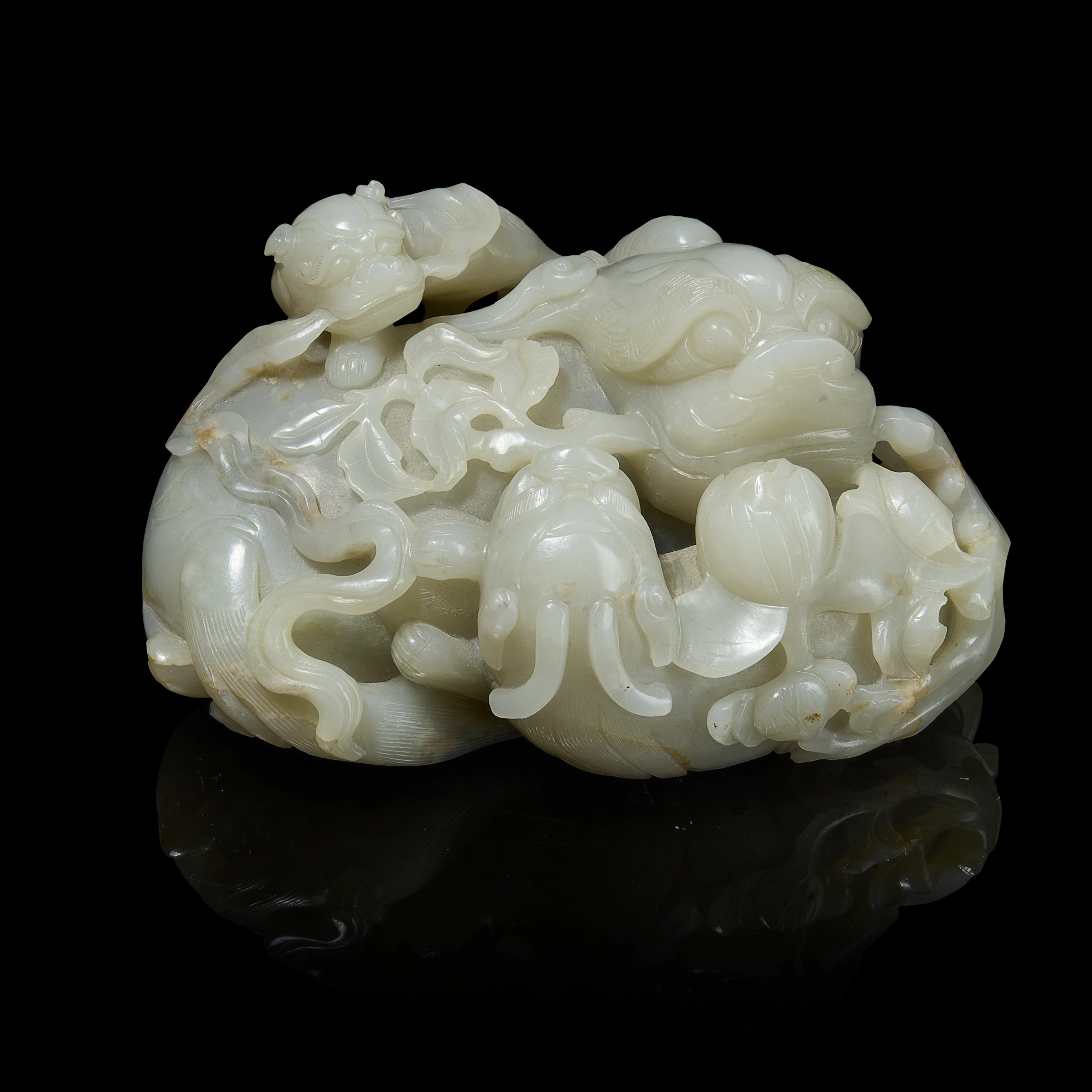 LARGE CHINESE PALE CELADON JADE CARING OF QILIN AND CUBS GROUP