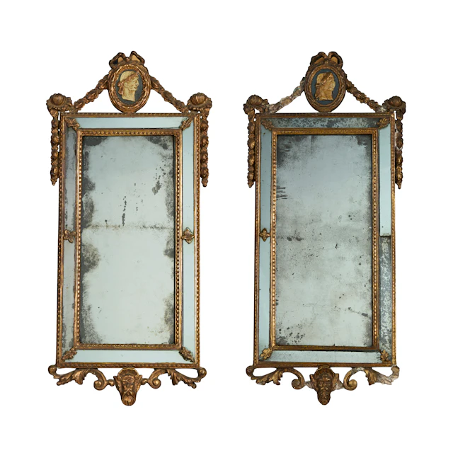 PAIR OF ITALIAN GILTWOOD, PAINTED AND BLUE TINTED MIRRORS