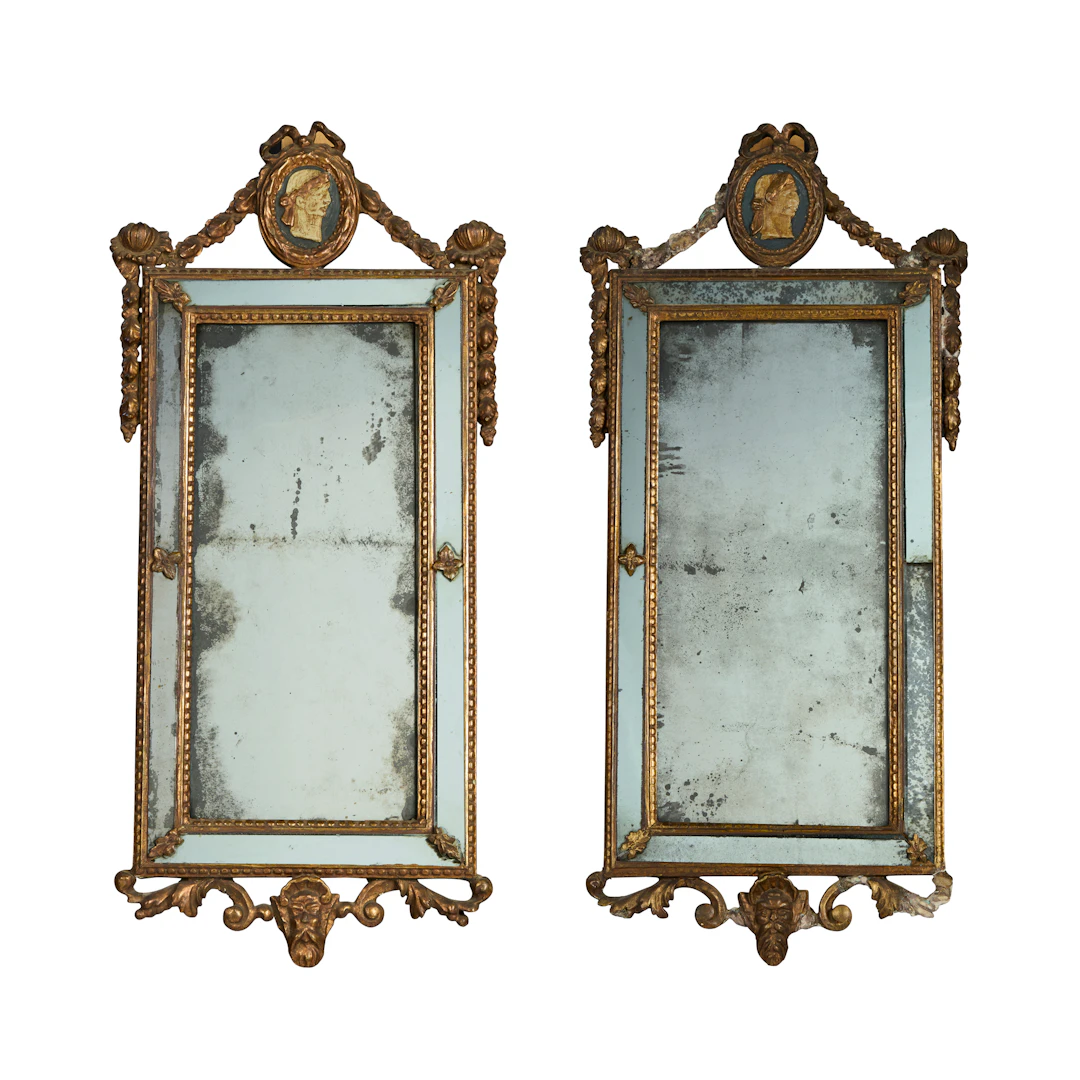 PAIR OF ITALIAN GILTWOOD, PAINTED AND BLUE TINTED MIRRORS