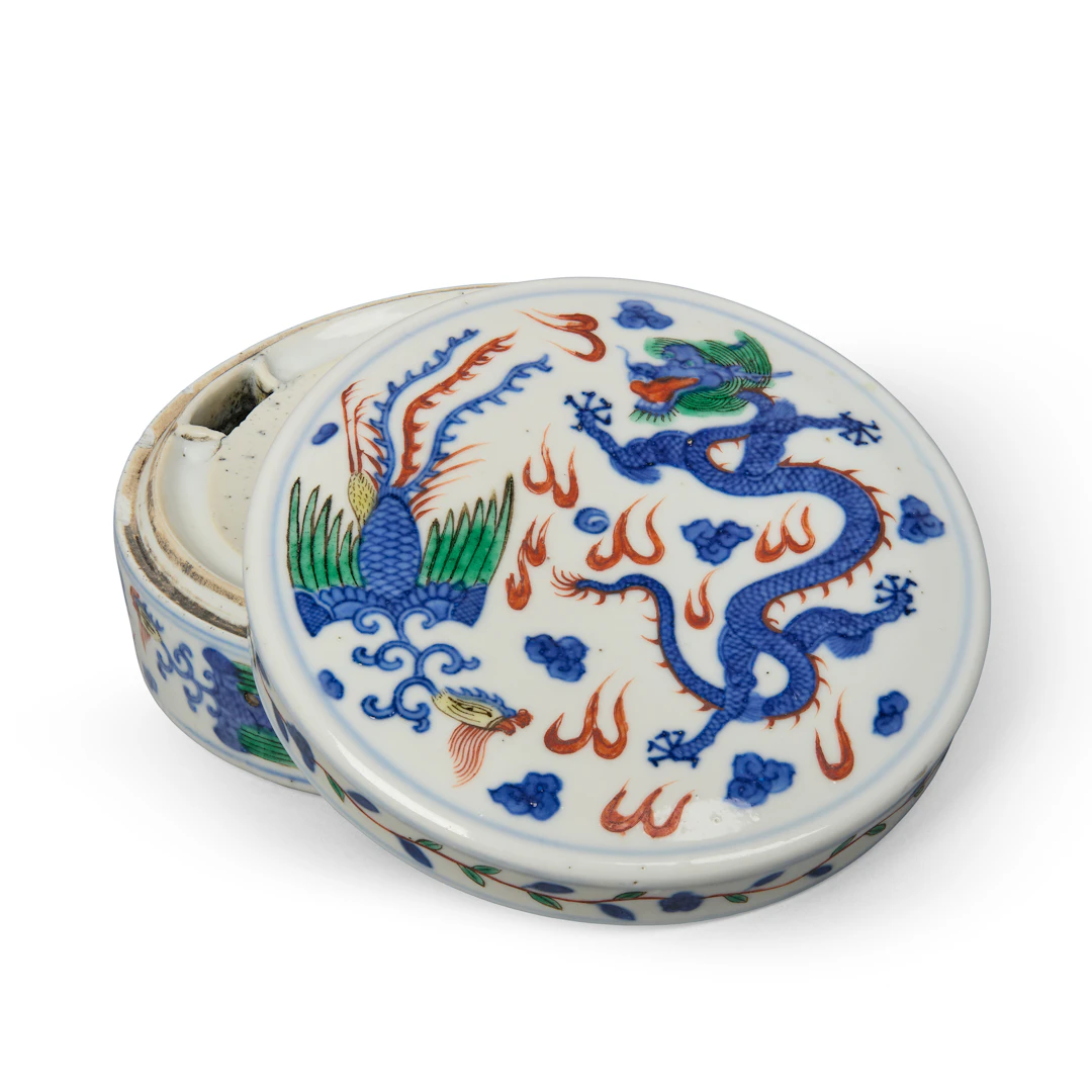 CHINESE WUCAI 'DRAGON AND PHOENIX' WARMING INKSTONE WITH COVER