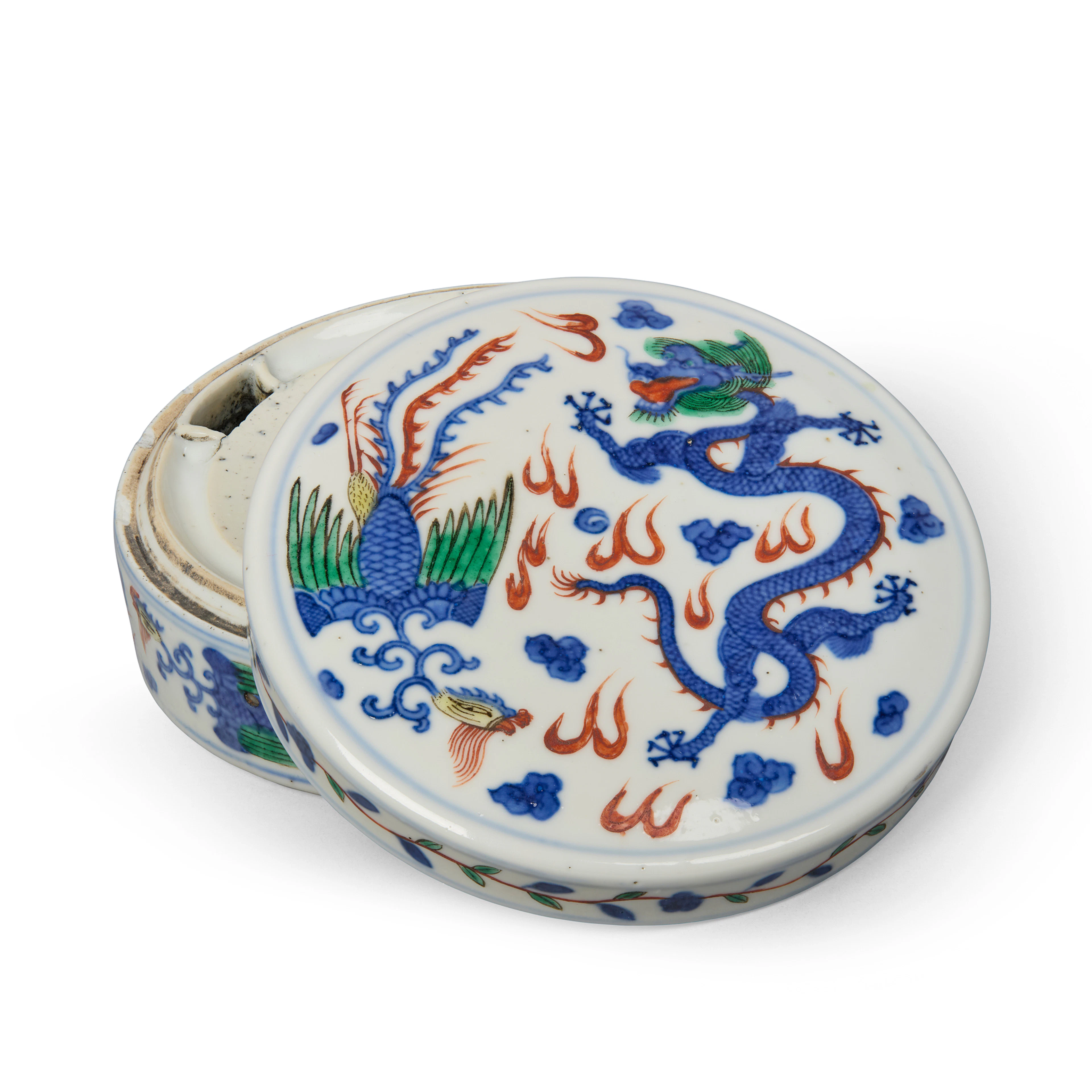 CHINESE WUCAI 'DRAGON AND PHOENIX' WARMING INKSTONE WITH COVER