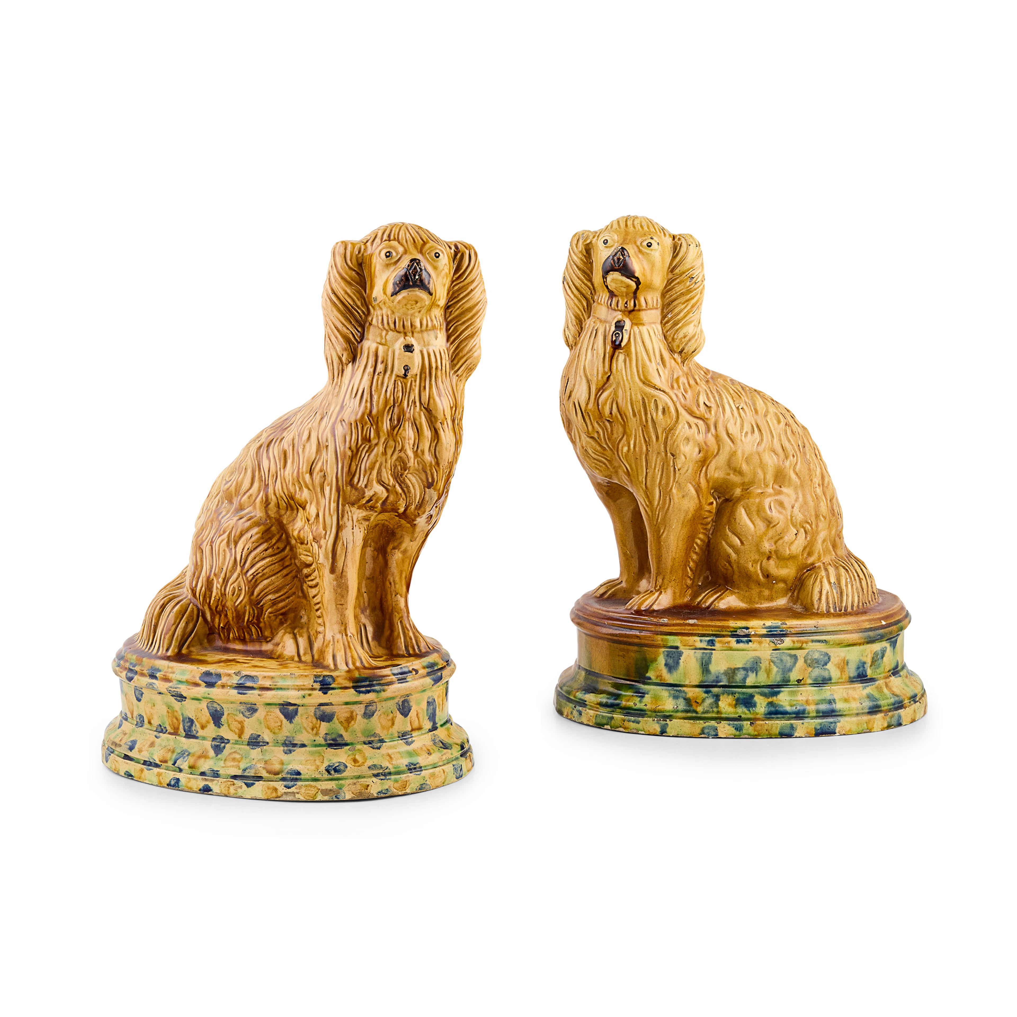 A PAIR OF LARGE SCOTTISH FIFE POTTERY FIREPLACE SPANIELS