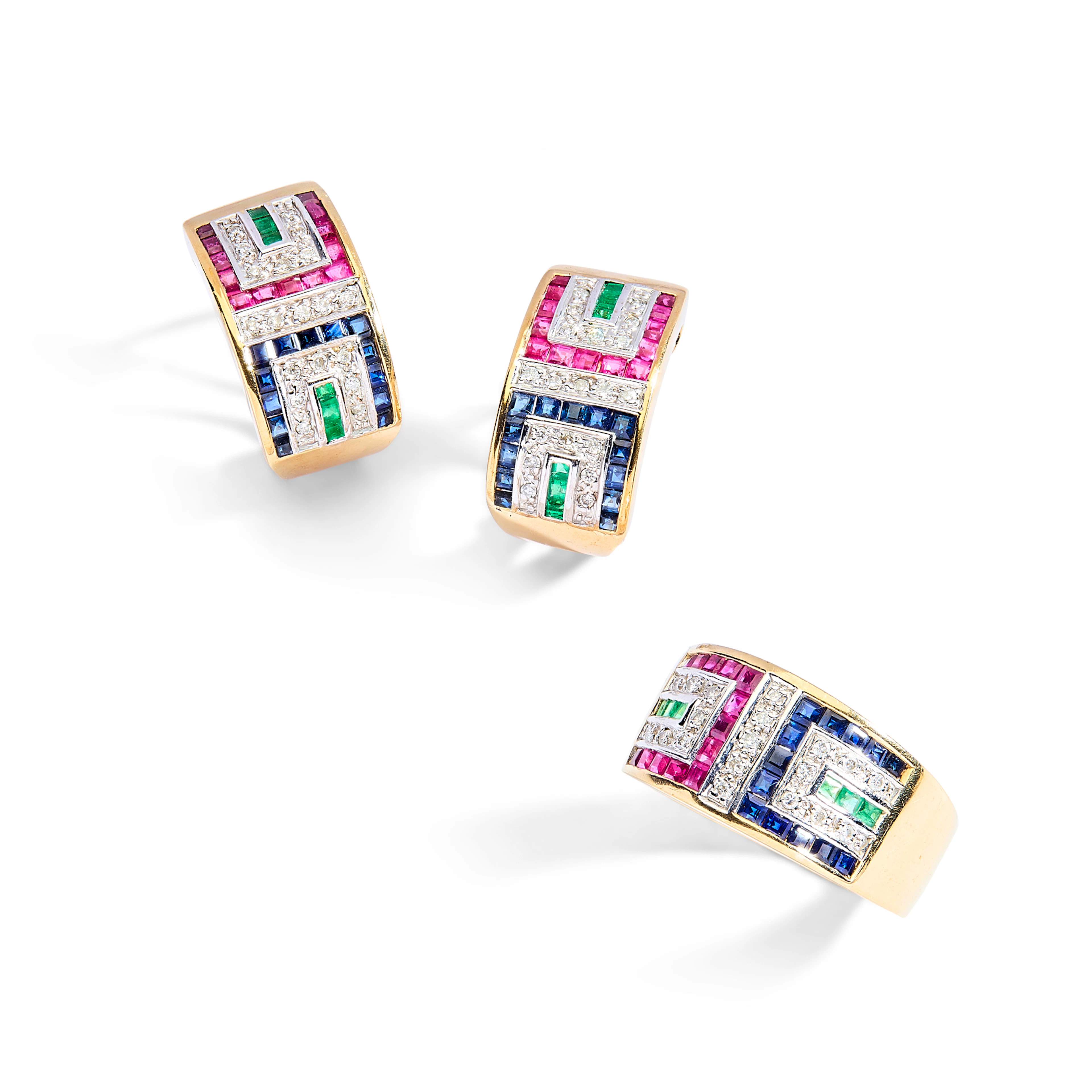 A 9ct gold emerald, sapphire, ruby and diamond ring