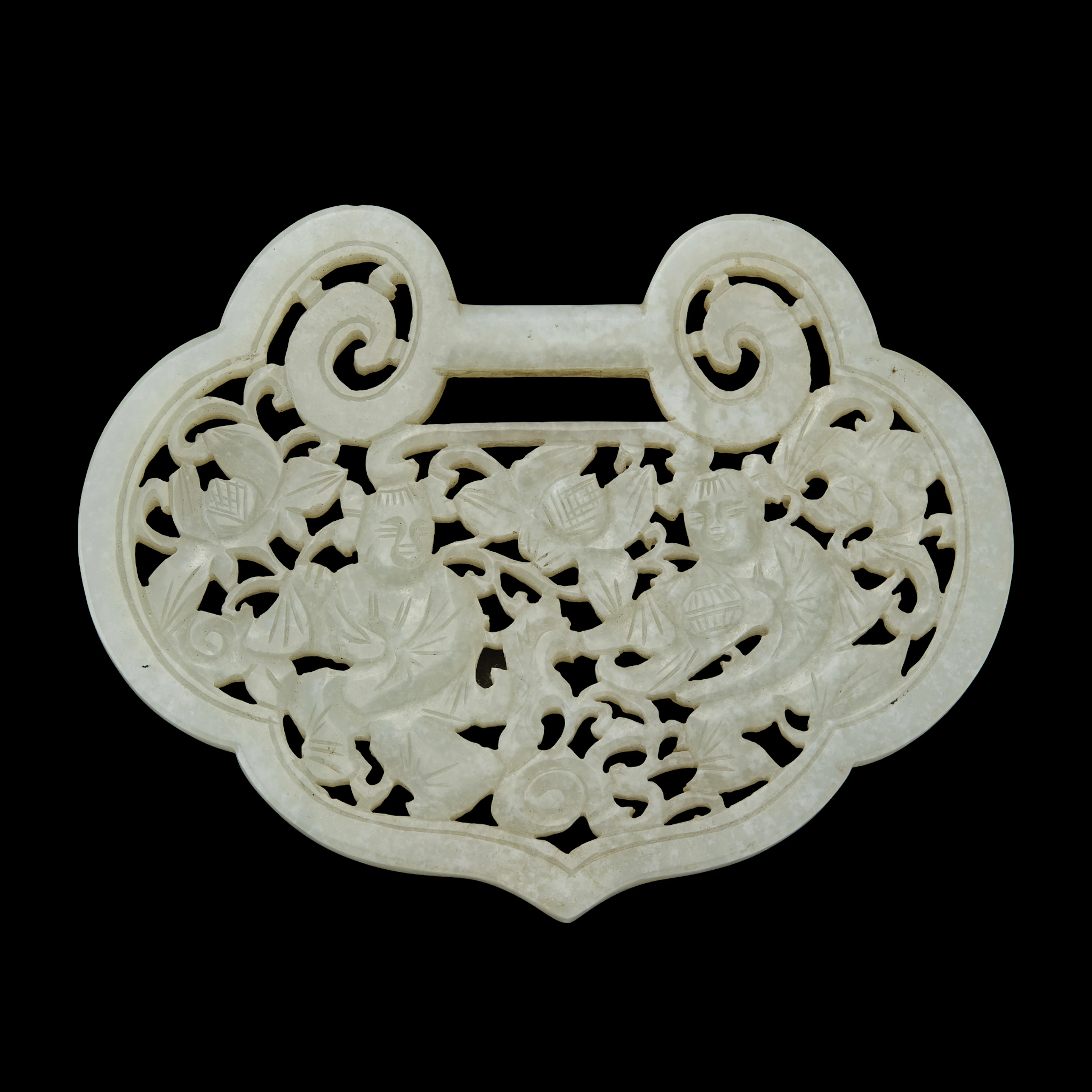 CHINESE RETICULATED WHITE JADE 'HEHE TWINS' RUYI-FORM PENDANT