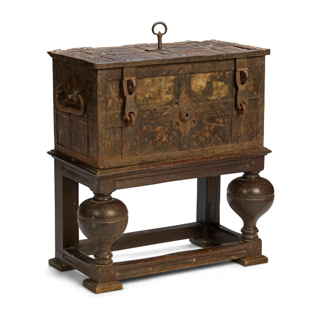 STEEL AND CAST IRON ARMADA CHEST ON LATER STAND