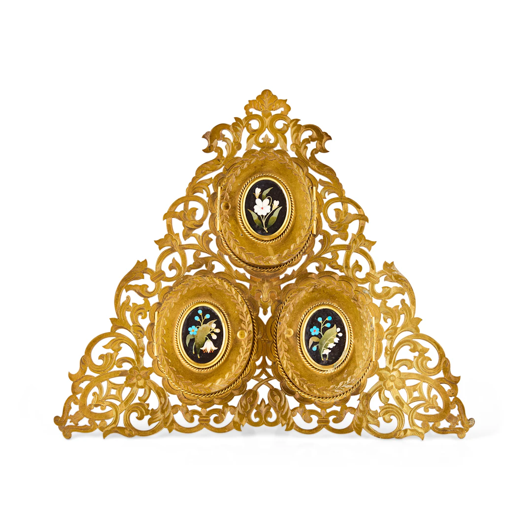 VICTORIAN BRASS AND PIETRA DURA TRIPTYCH PHOTO FRAME, RETAILED BY