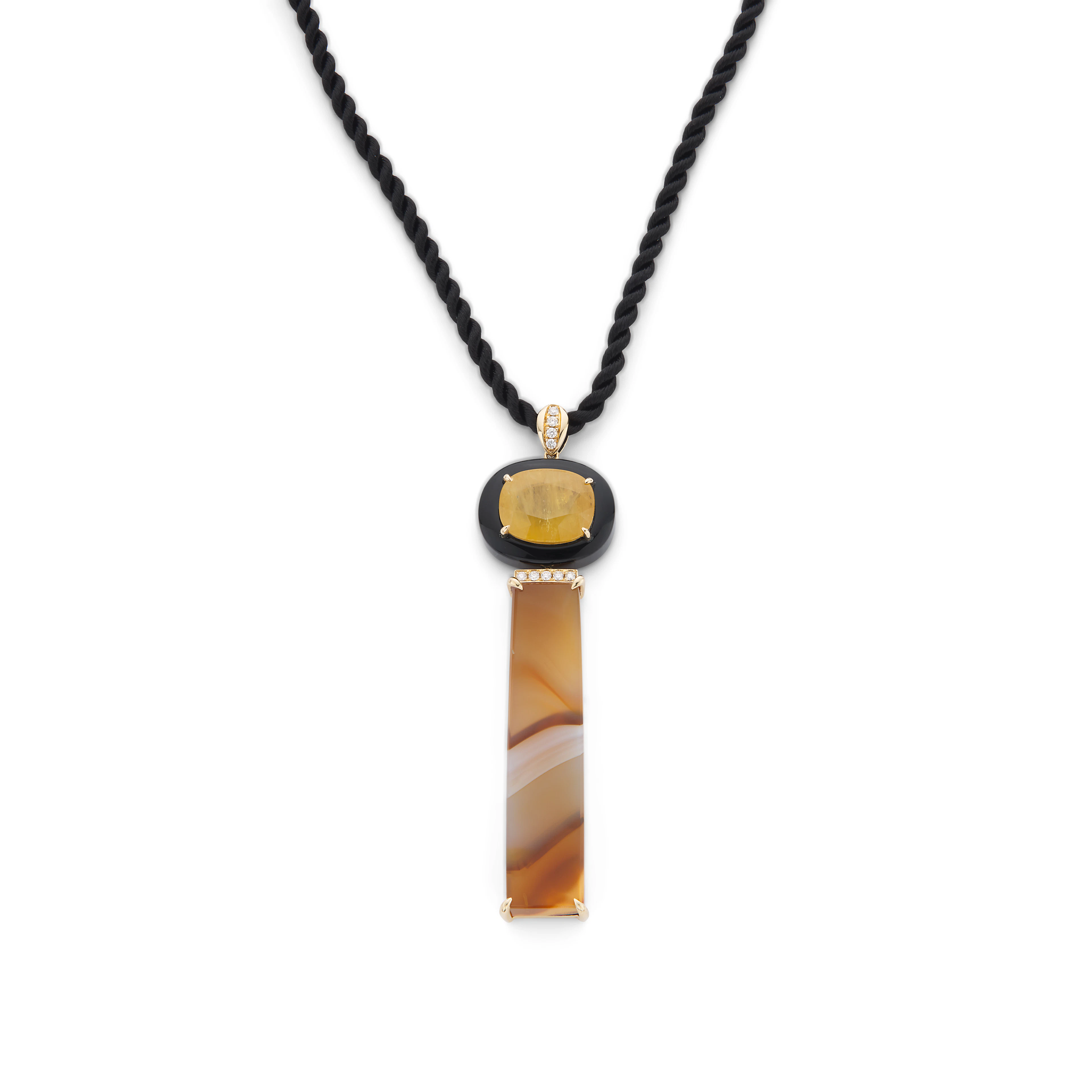 Fei Liu: A yellow sapphire, agate and diamond pendant