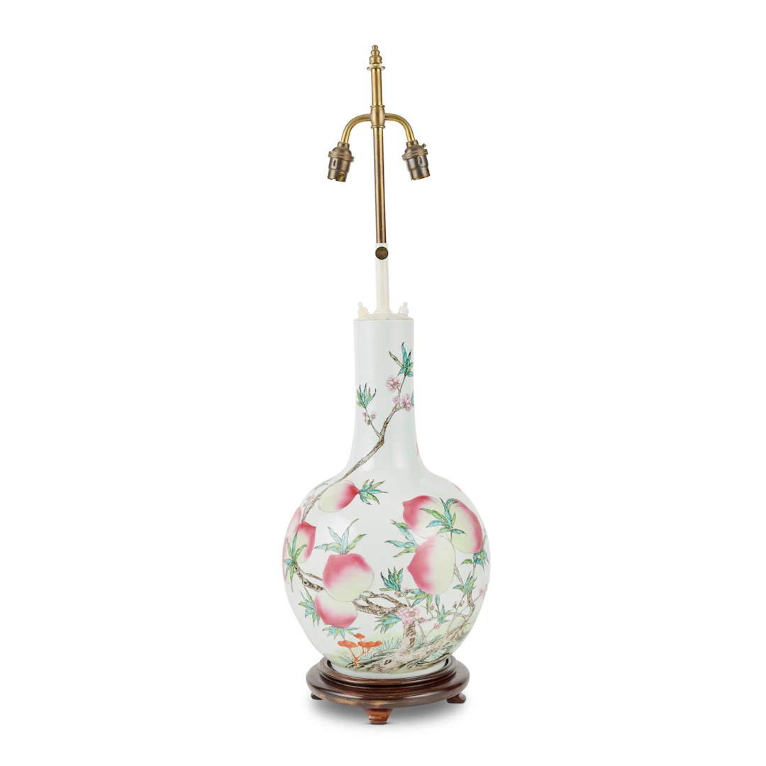CHINESE FAMILLE ROSE 'NINE PEACH' PORCELAIN VASE LAMP