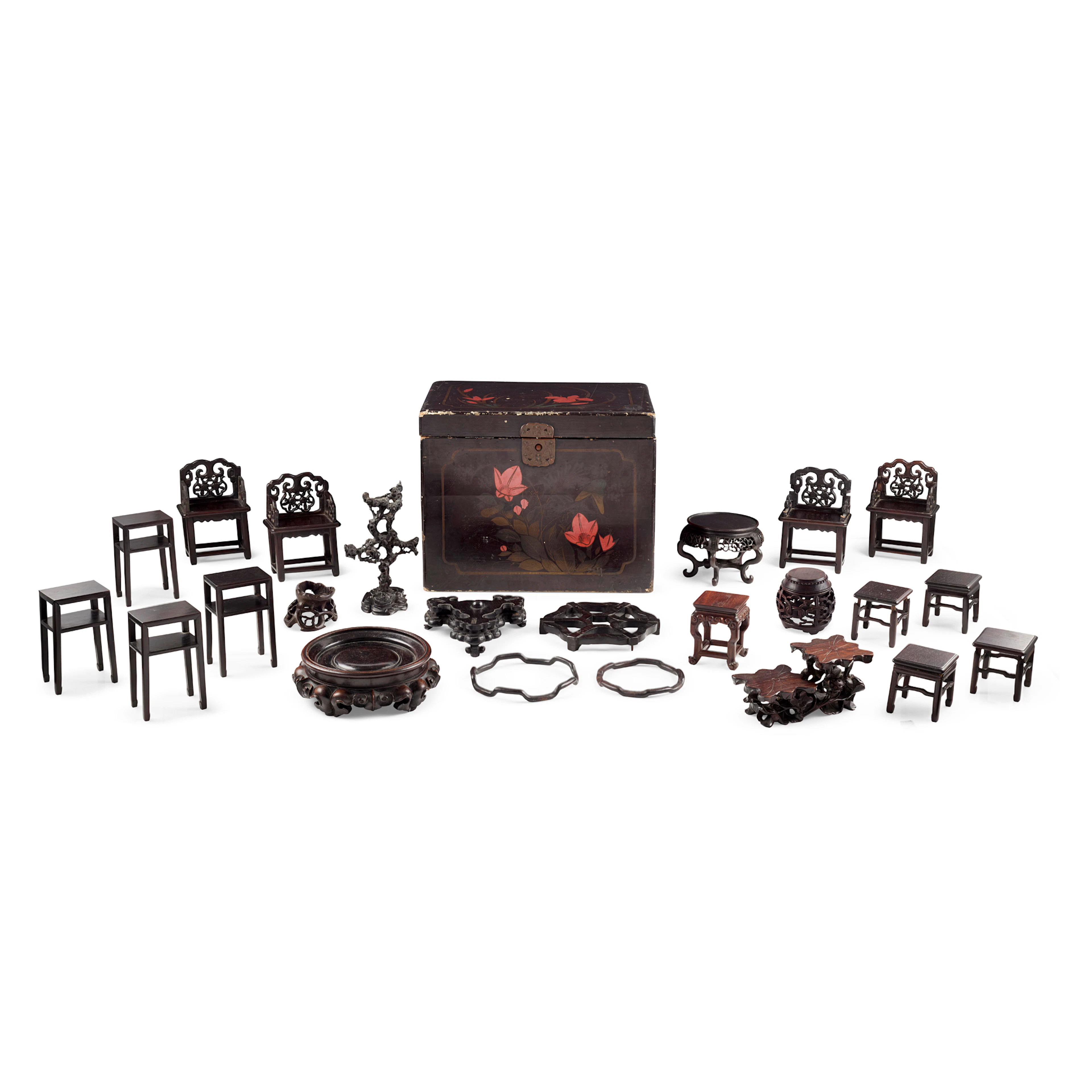 GROUP OF FOURTEEN CHINESE MINIATURE HARDWOOD FURNITURE AND TEN STANDS
