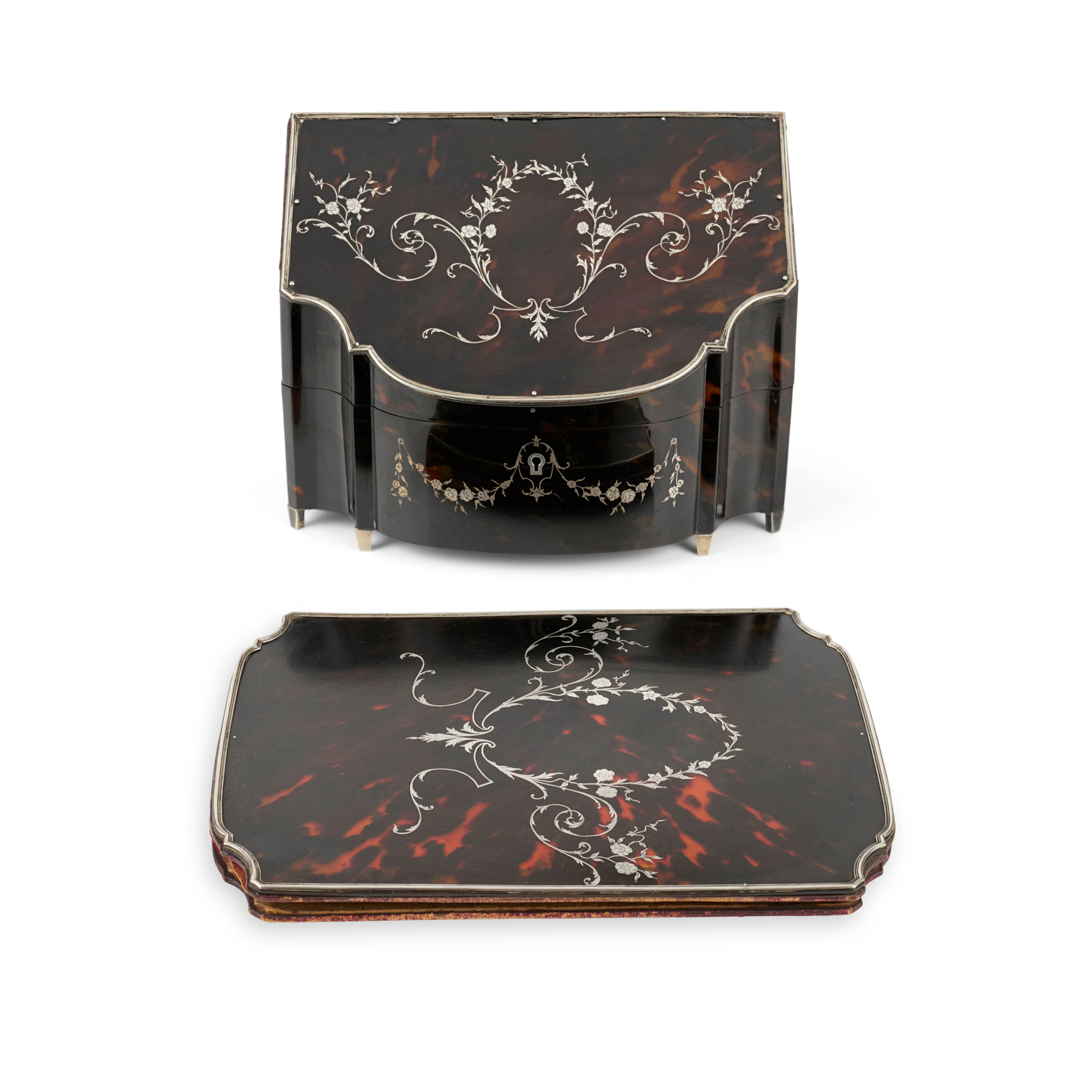 EDWARDIAN TWO PIECE SILVER MOUNTED TORTOISESHELL AND LEATHER DESK SET