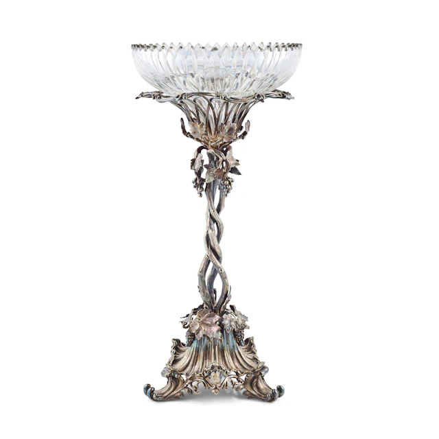 LARGE VICTORIAN SILVER-PLATED AND CUT GLASS TABLE CENTREPIECE, ELKINGTON & CO.